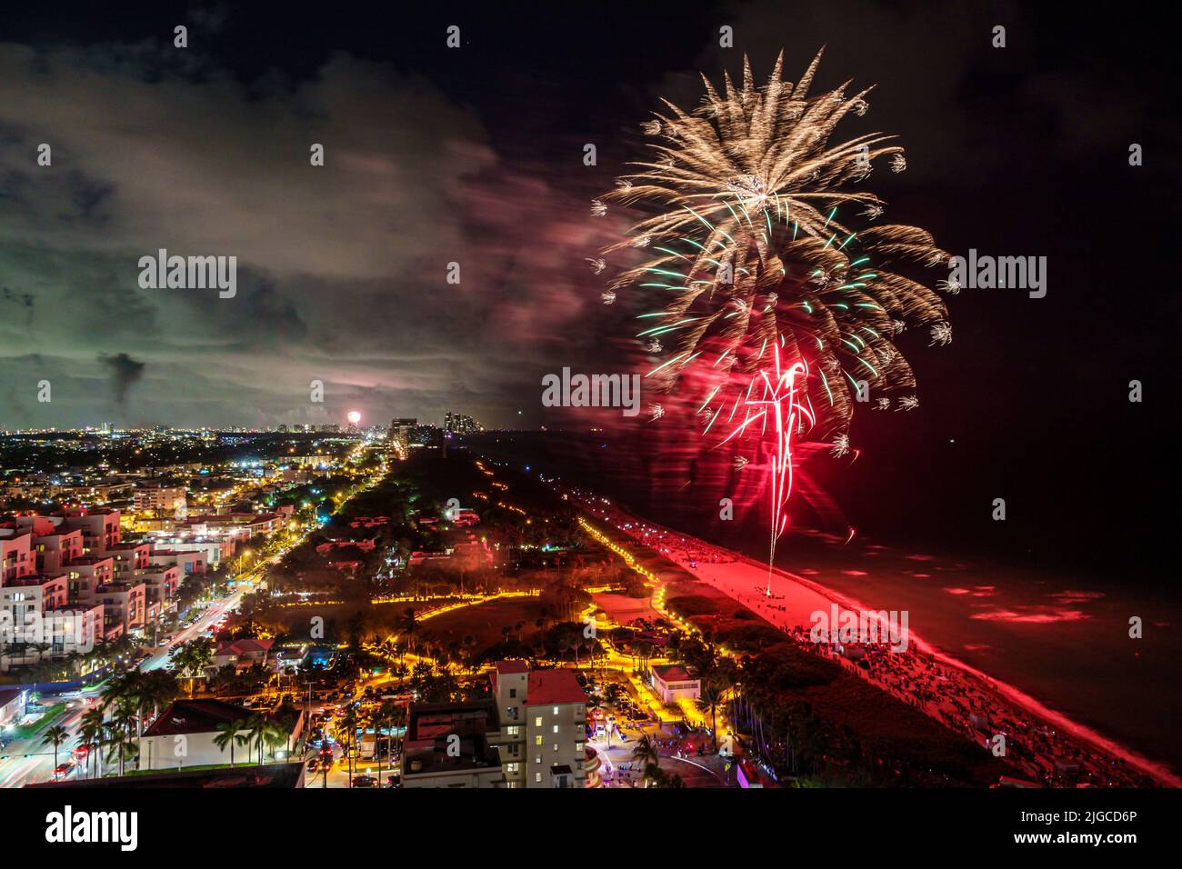 Miami Beach Florida,Ocean Terrace Fire on the Fourth 4th of July Festival event celebration,fireworks burst display aerial overhead view over Atlantic Stock Photo