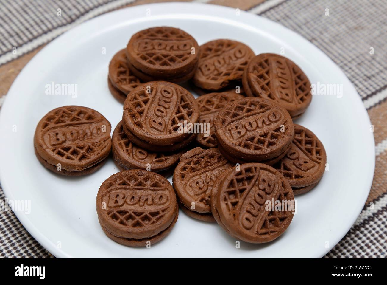 Minas Gerais, Brazil - July 09, 2022: serving with various chocolate filled cookies ready to serve on the table Stock Photo