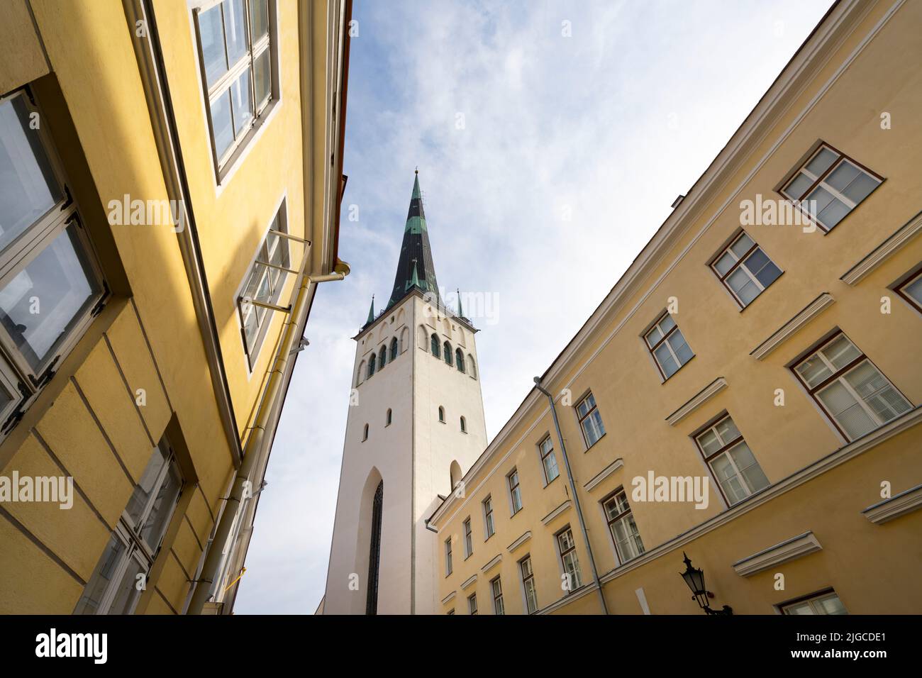 Tallinn, Estonia. July 2022. The bell tower of St.Olav church in the city center Stock Photo