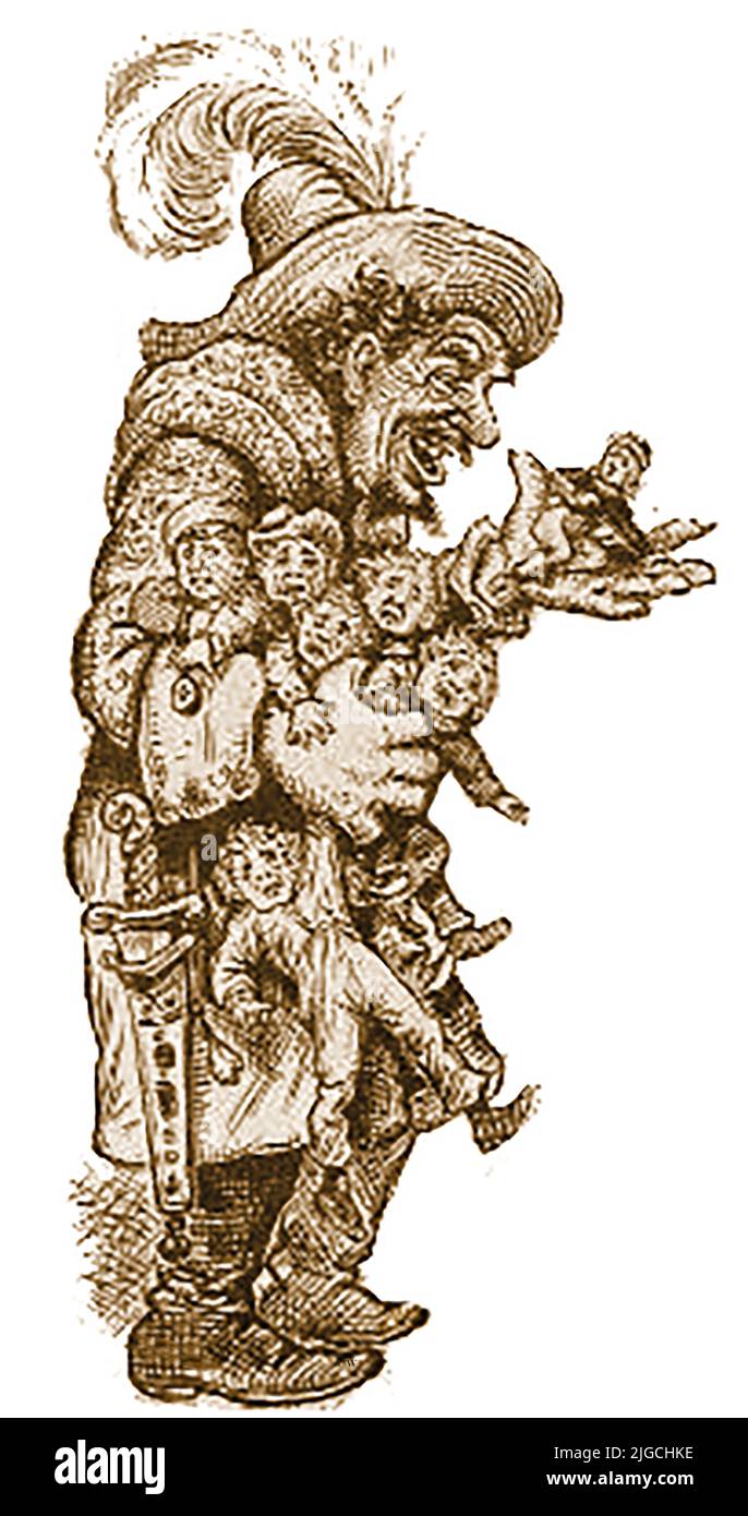 A 19th British century depiction of an Ogre capturing children to eat . ----Featured world wide in mythology, folklore and fiction these  legendary monsters were usually depicted as a large, ugly, man-like being that ate  human beings, especially infants and children.   --- The word ogre is of French origin, but possibly derived from the name of the Etruscan god Orcus, who fed on human flesh Stock Photo