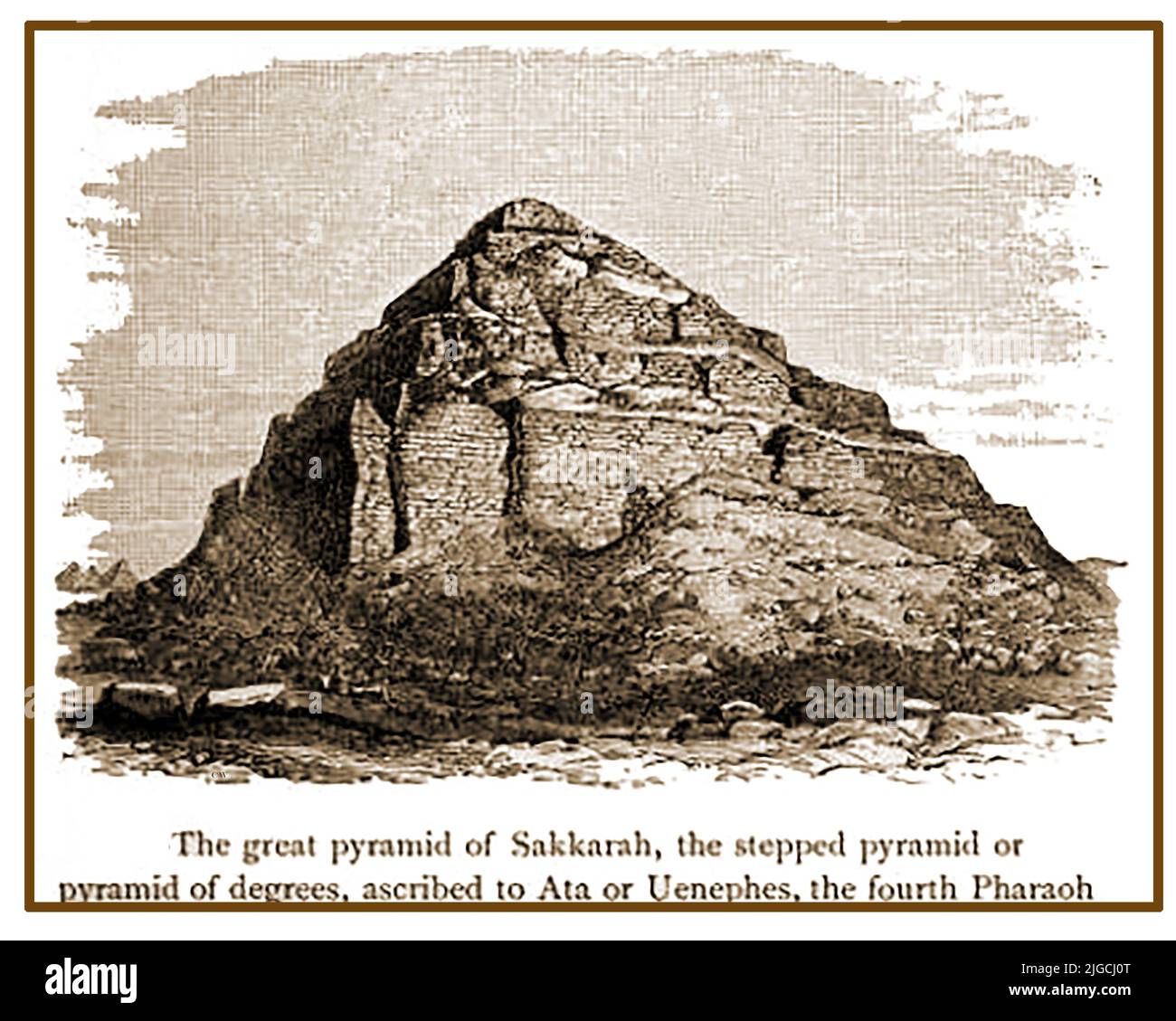 An 1882 engraving of the pyramid of Sakkara (Saqqara) as it was at that time Stock Photo