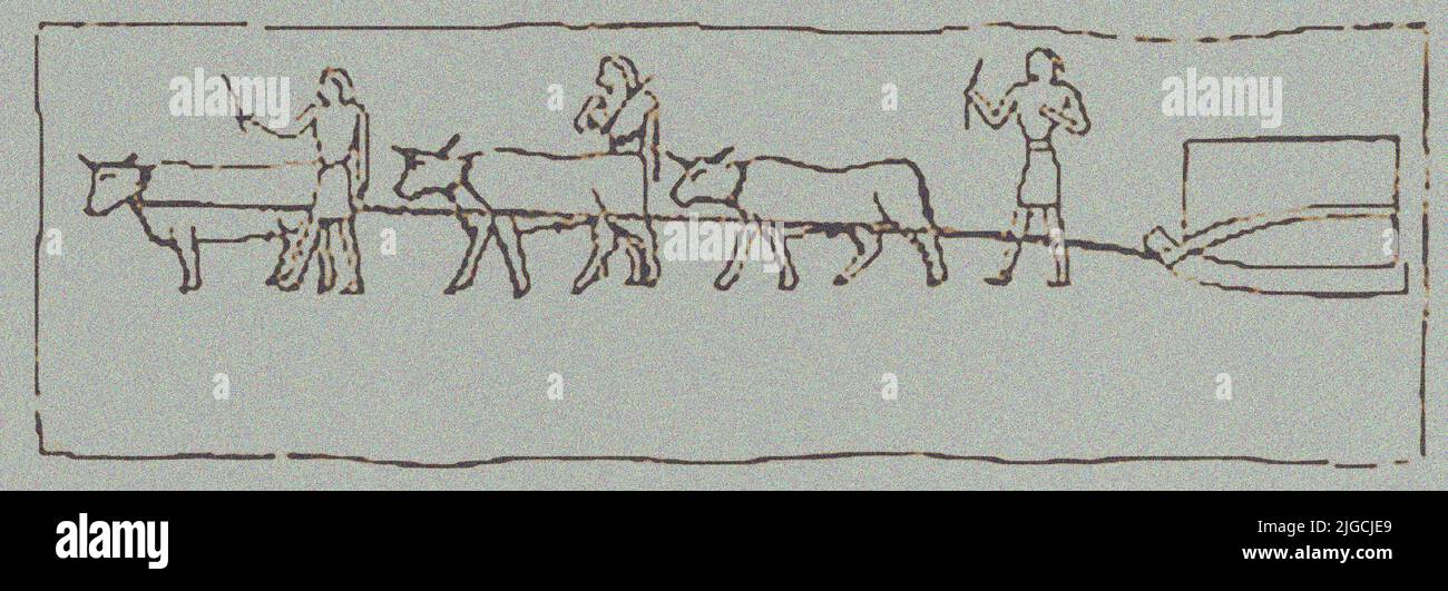 19thC illustration of Egyptians moving pyramid stones (from a bas-relief at Massoorah (Mansoura) quarries. using oxen and sledges Stock Photo