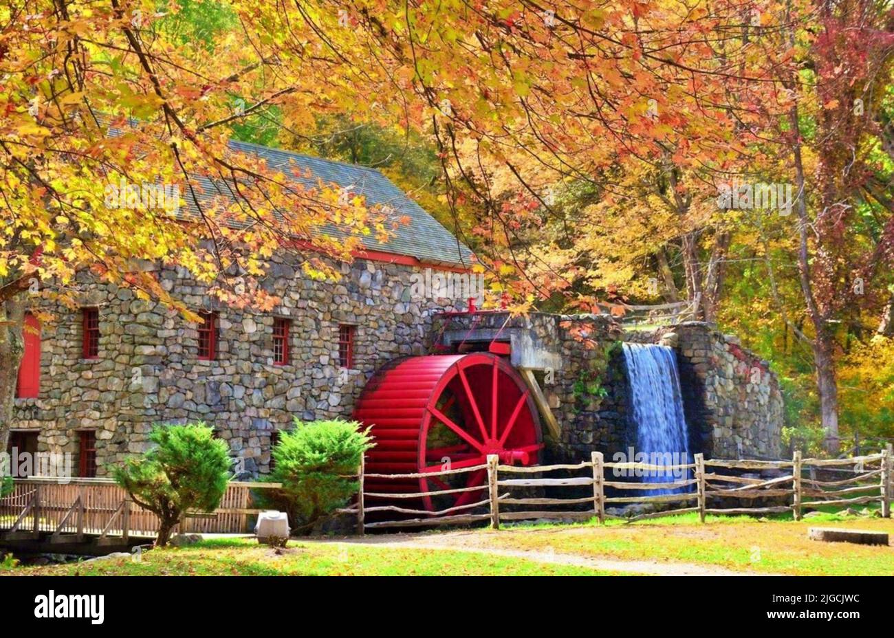 Historic Grist Mill in Sudbury, Massachusetts in Autumn Stock Photo