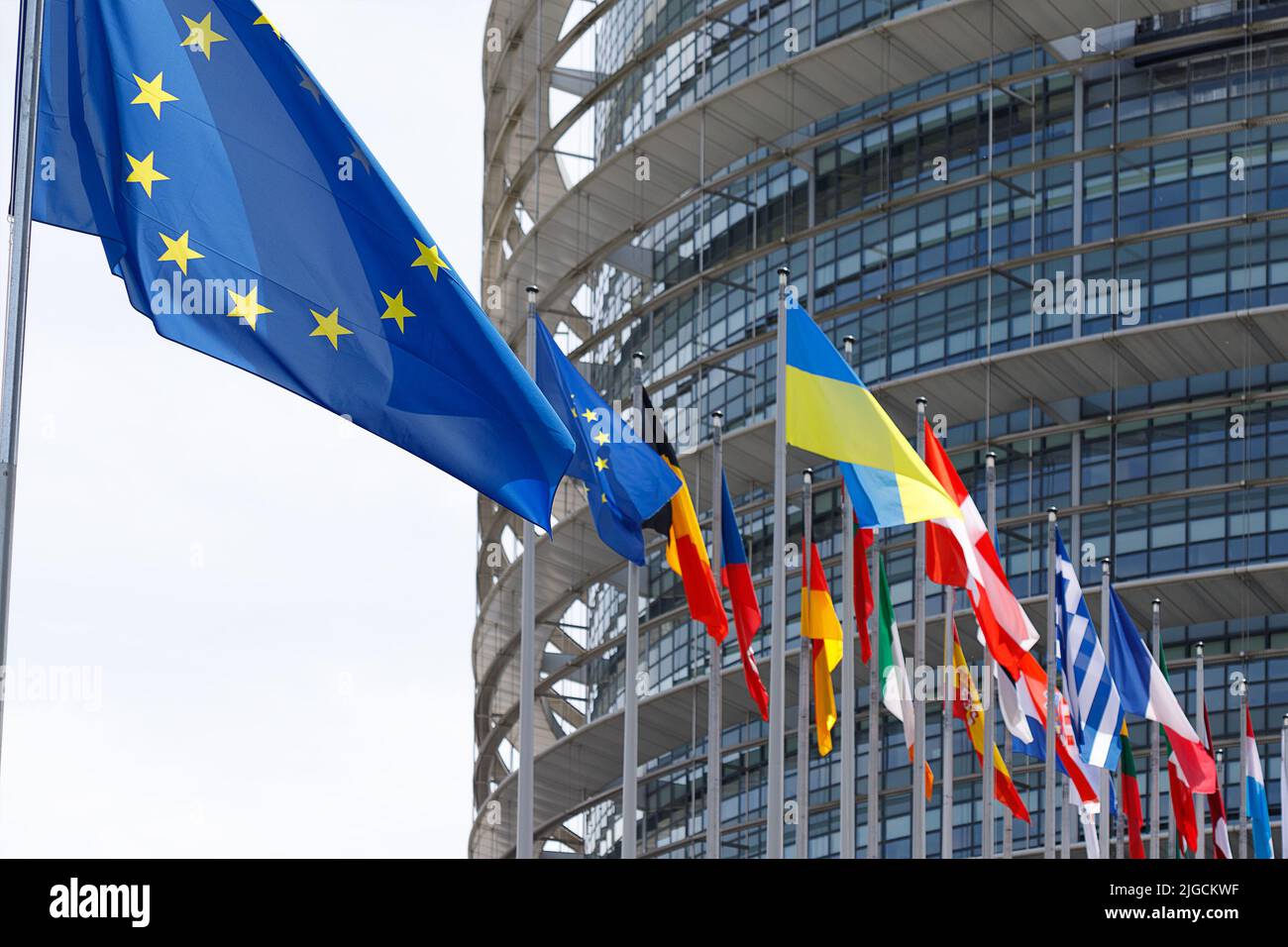 Strasbourg, France, Mai 22, 2022: European Parliament in Strasbourg, France with Ukrainian Flag. Stock Photo