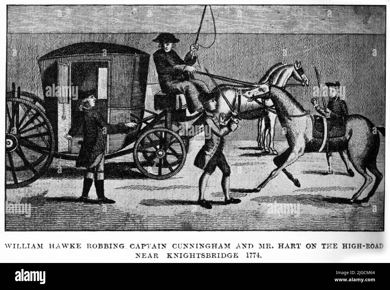 The highwayman William Hawke robs Captain Cunningham and Mr Hart near Knightsbridge, 1774 Stock Photo