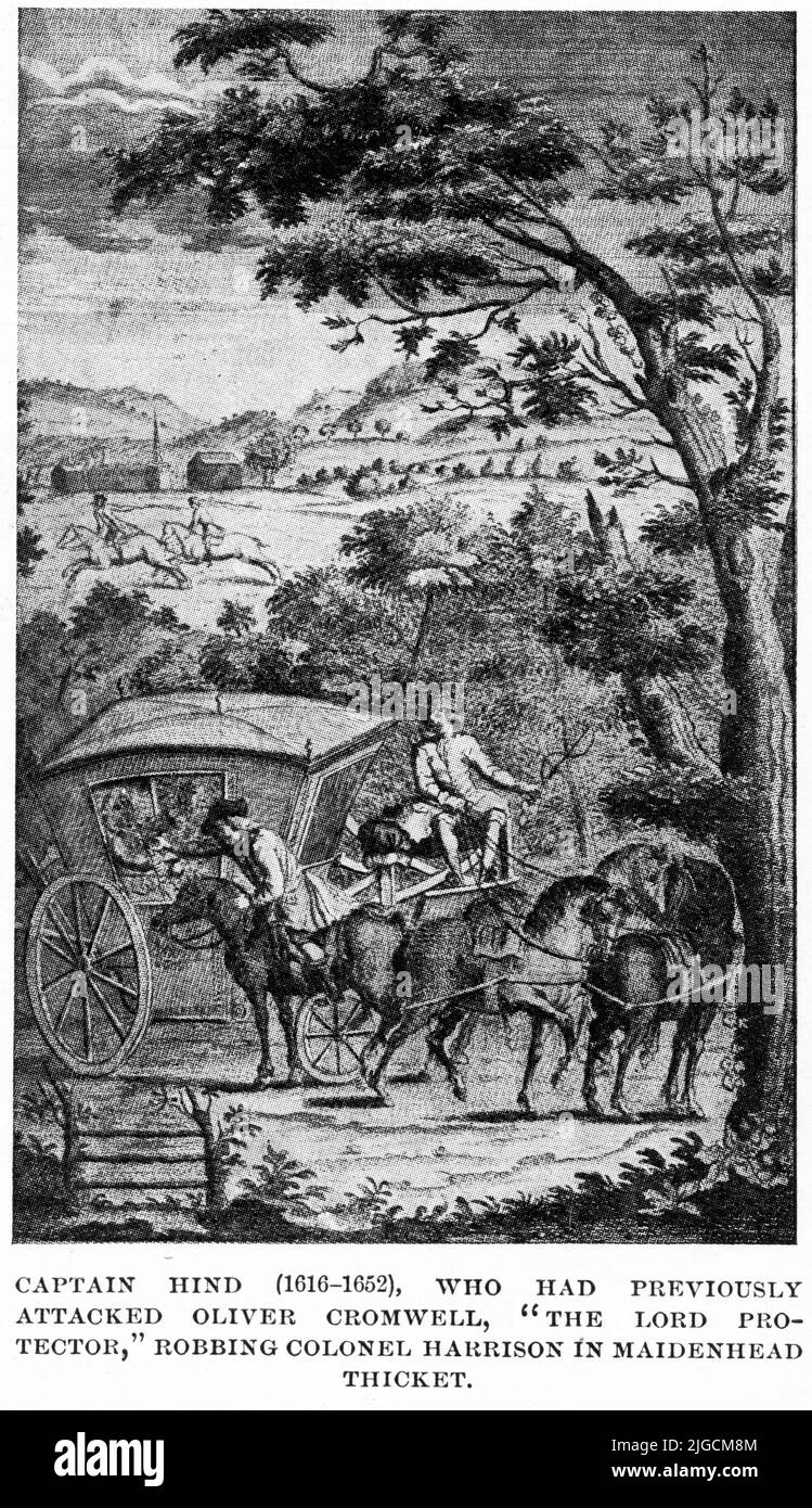 The highwayman Captain Hind robbing Colonel Harrison in Maidenhead Thicket, England, early 1600s Stock Photo