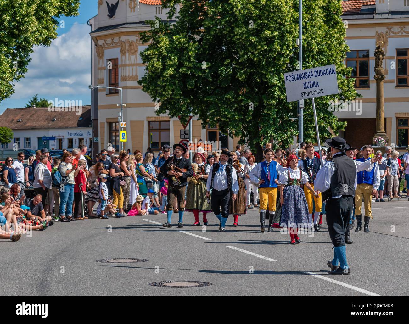 Straznice, Czech Republic - June 25, 2022 International Folklore Festival. Bagpipe music at the festival in the procession Stock Photo
