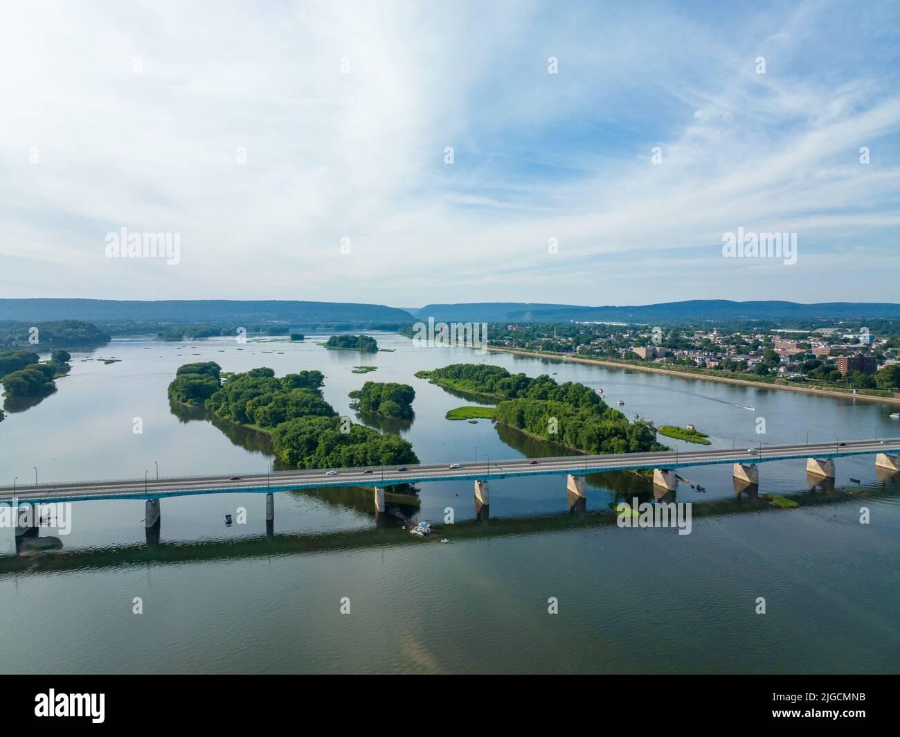 An aerial view of the Harvey Taylor Bridge and the islands in the Susquehanna River at Harrisburg. Stock Photo