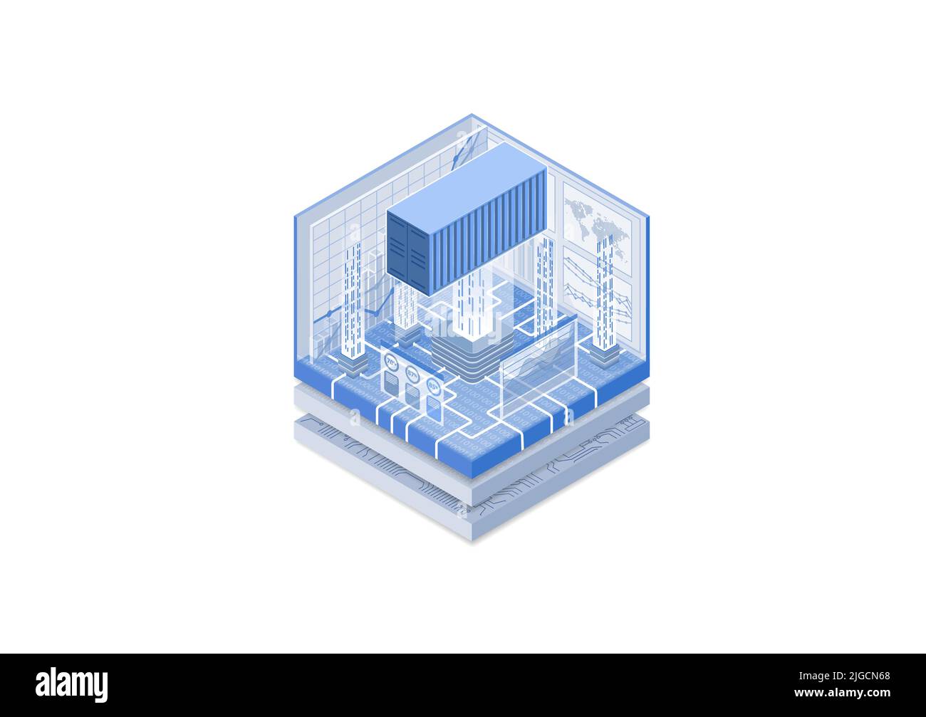 Global supply chain concept. Vector illustration of an isometric cube. Symbol of a shipping container connected to the internet via digitization. Stock Vector