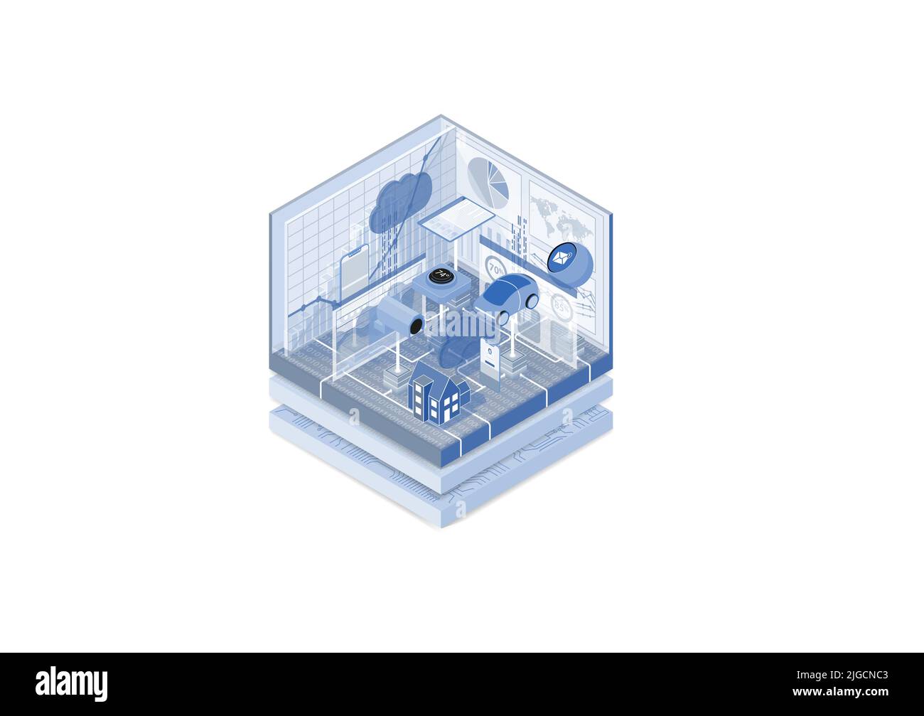 IOT Internet of Things concept. Vector illustration of isometric cube. Connected devices such as autonomous cars and video surveillance. Stock Vector