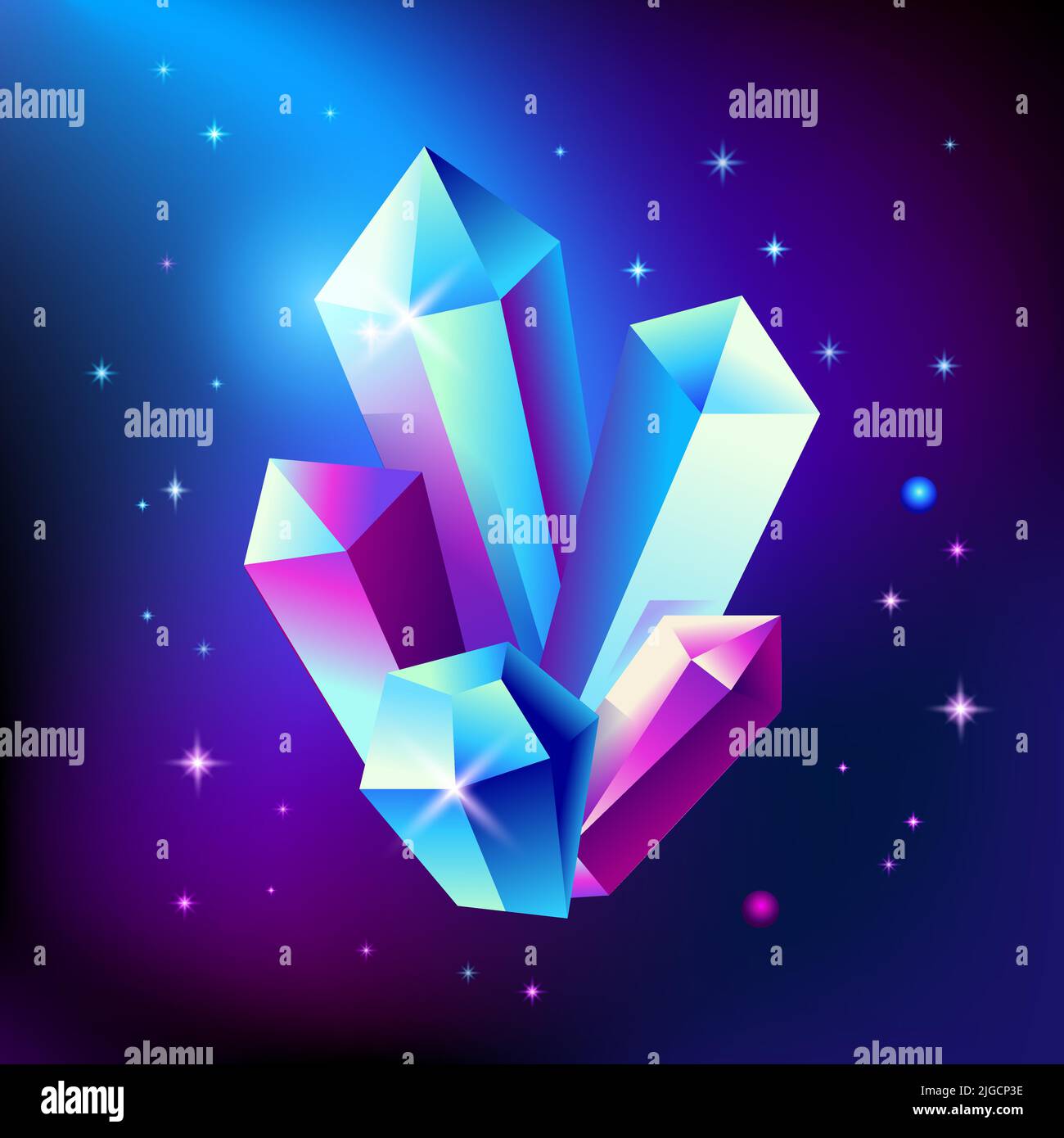 Abstract trendy cosmic poster with crystal gems and pyramid geometric shapes in space. Neon galaxy background. 80s style. Poster with geometric Stock Vector
