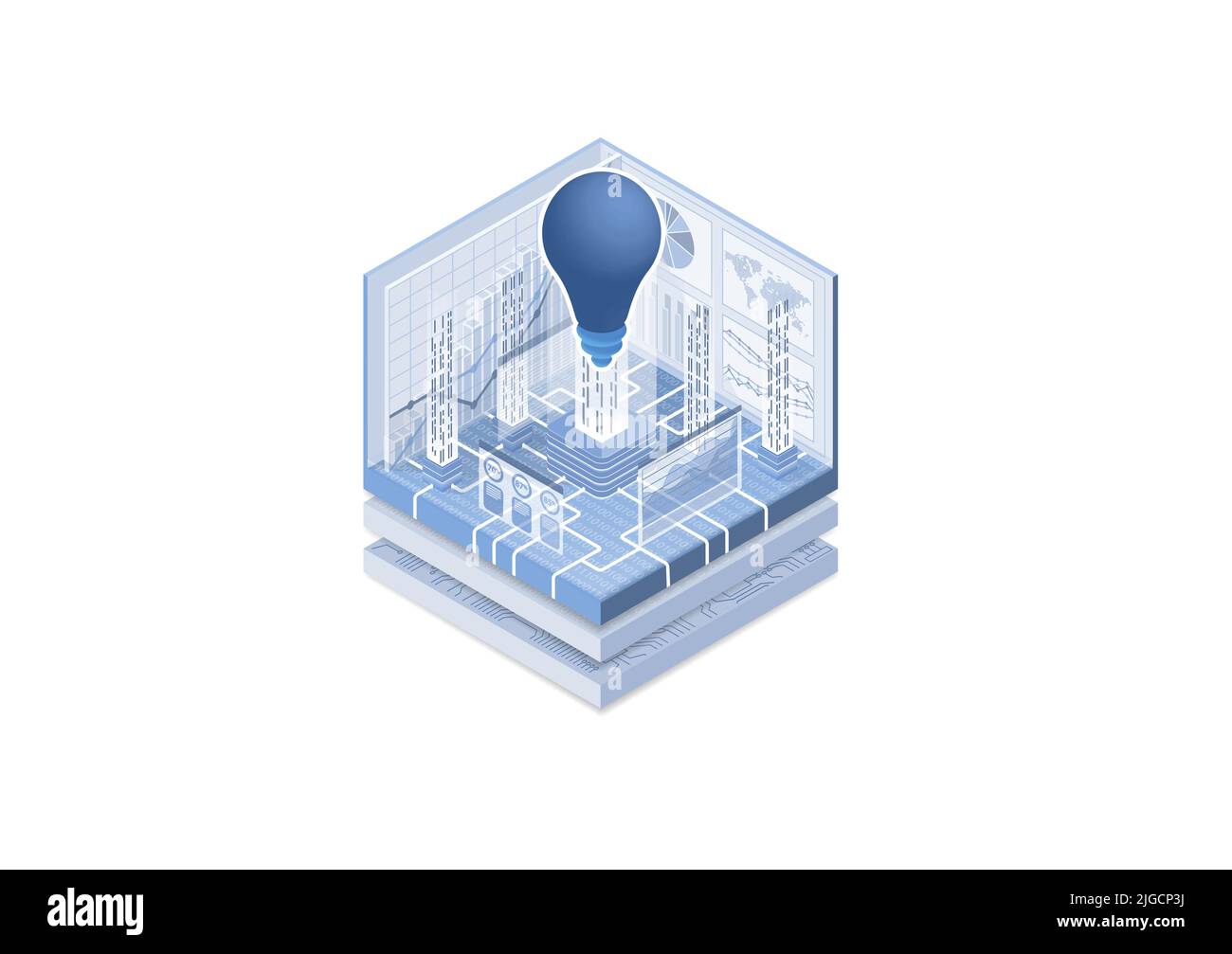 Technology innovation concept. Vector illustration of an isometric cube. Symbol of a light bulb. Ideation of new digitization ideas. Stock Vector
