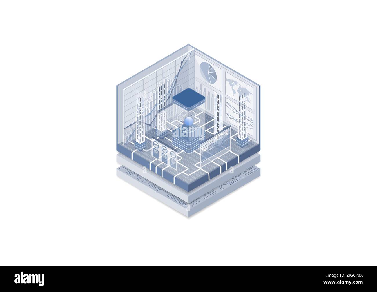 Quantum computing concept. Vector illustration of isometric cube. Super computer with quantum technology connected to the internet. Stock Vector