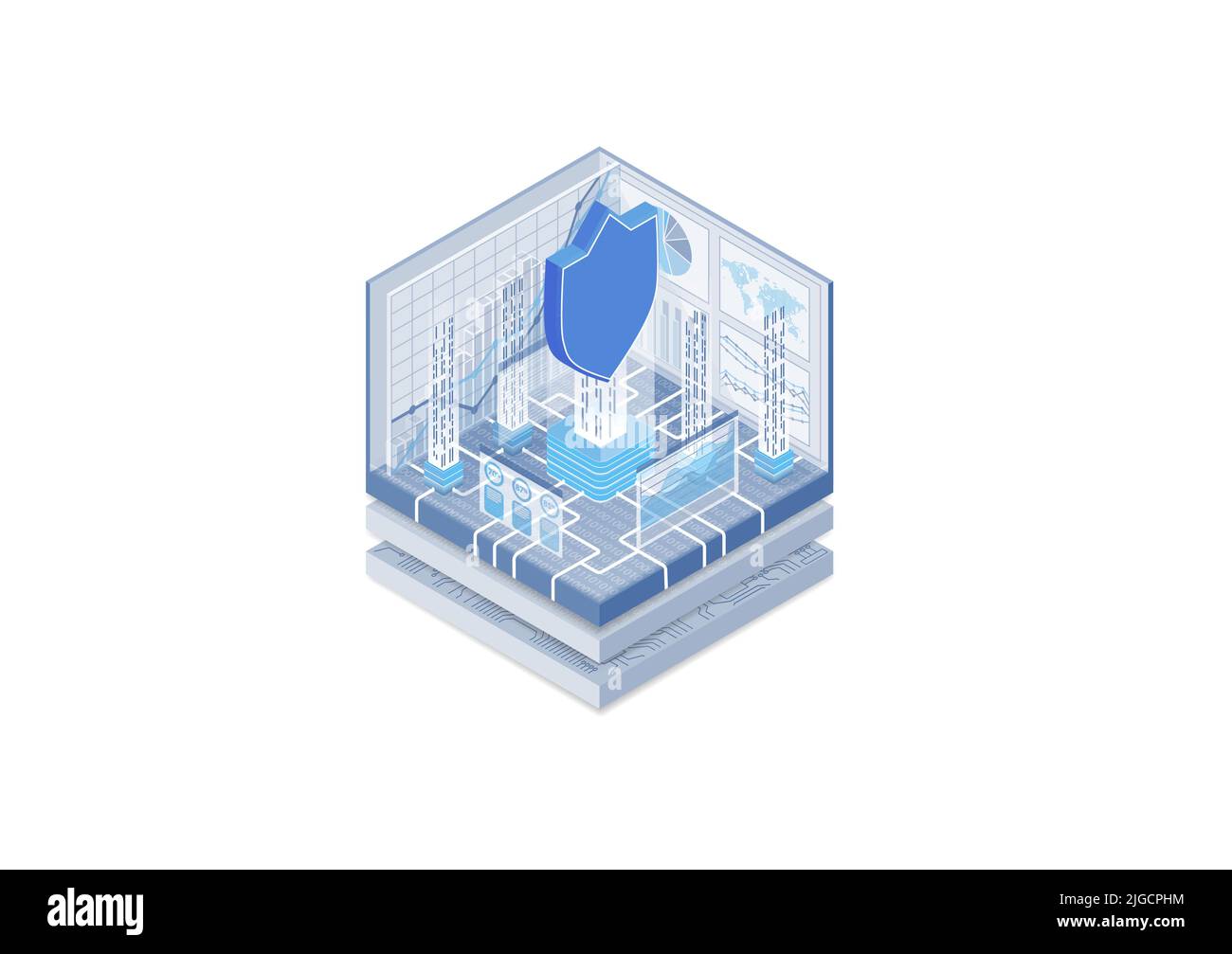 IT Security concept. Vector illustration of an isometric cube. A symbol of a shield protecting data stream within an organisation. Analysis of data vi Stock Vector