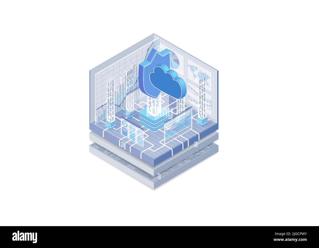 Cloud computing security concept. Vector illustration of an isometric cube. Symbol of a cloud and shield to represent protection of internet data flow Stock Vector