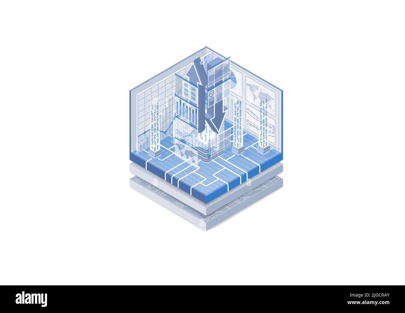 Internet and technology concept. Vector illustration of an isometric cube. Upload and download stream of data and analysis via data dashboards. Stock Vector