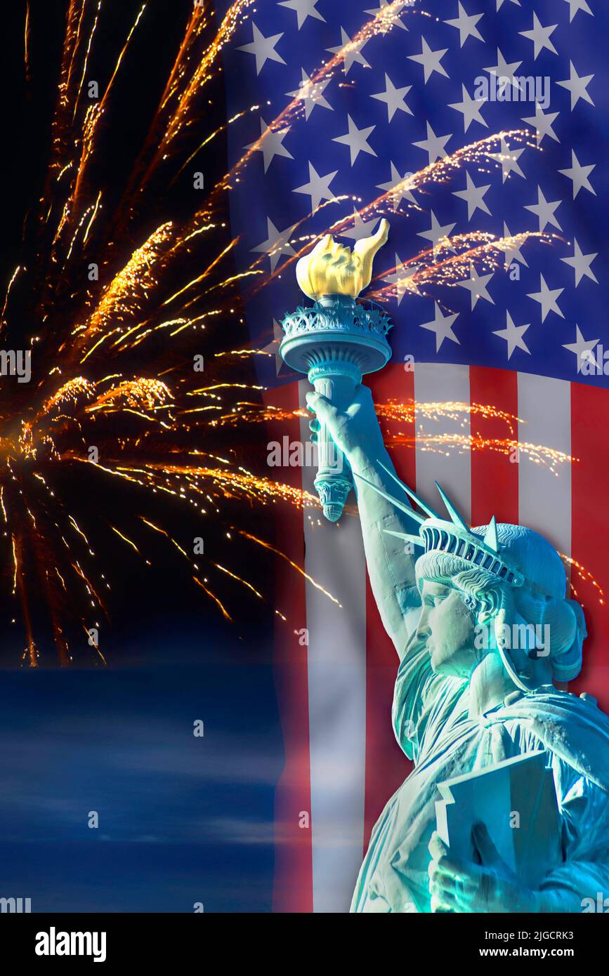 Statue of Liberty with fireworks high in the sky. Stock Photo
