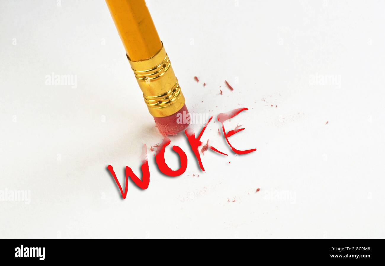 WOKE  being erase away by pencil eraser. Stock Photo