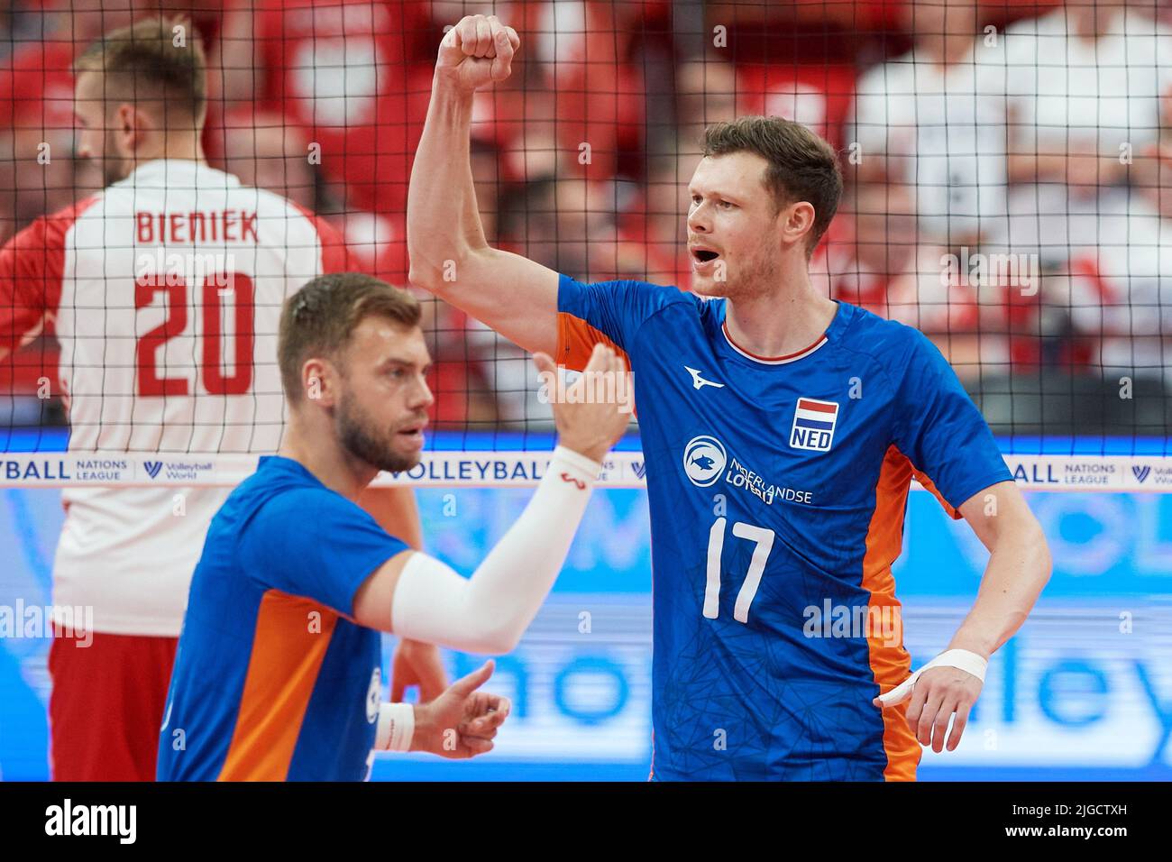 Bennie Junior Tuinstra (L) and Michael Parkinson (R) of the Netherlands during the 2022 men's FIVB Volleyball Nations League match between Poland and the Netherlands in Gdansk, Poland, 09 July 2022. Stock Photo