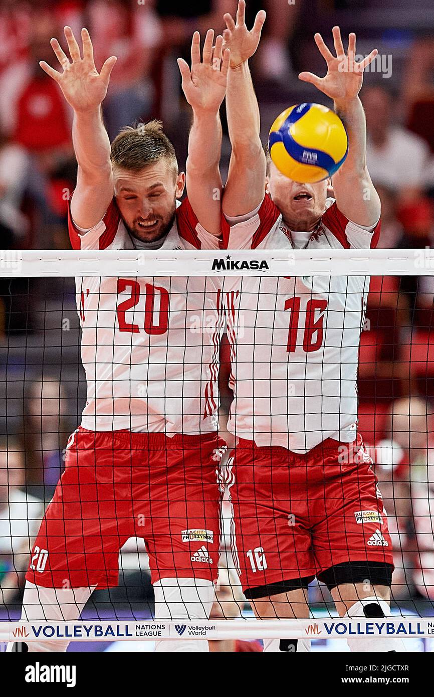 Mateusz Bieniek (L) and Kamil Semeniuk (R) during the 2022 men's FIVB Volleyball Nations League match between Poland and the Netherlands in Gdansk, Poland, 09 July 2022. Stock Photo