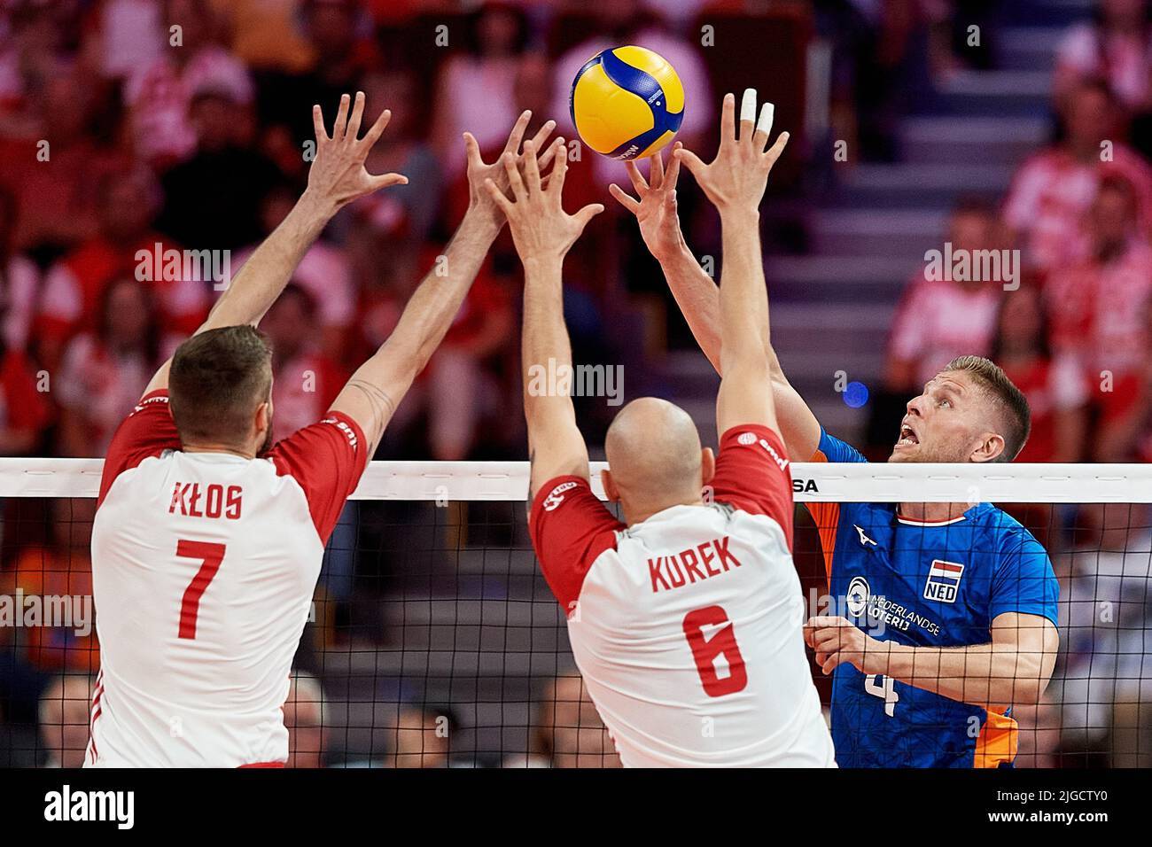 Karol Klos (L) and Bartosz Kurek (C) of Poland and Thijs Ter Horst (R) of the Netherlands during the 2022 men's FIVB Volleyball Nations League match between Poland and the Netherlands in Gdansk, Poland, 09 July 2022. Stock Photo