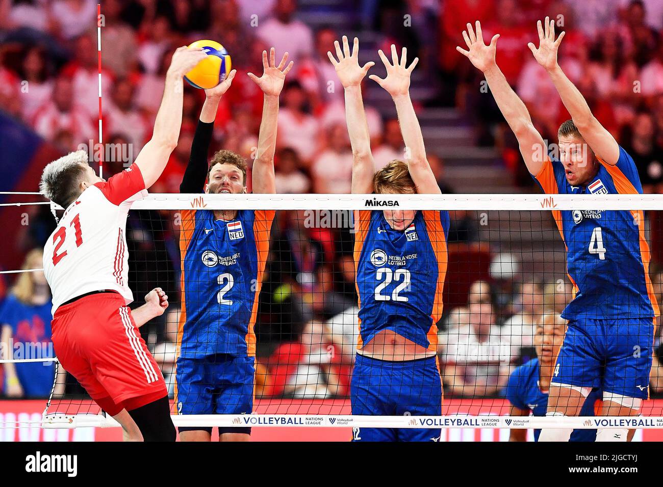 Tomasz Fornal (L) of Poland and Wessel Keemink (2L), Twan Wittenburg (2R) i Thijs Ter Horst (R) of the Netherlands during the 2022 men's FIVB Volleyball Nations League match between Poland and the Netherlands in Gdansk, Poland, 09 July 2022. Stock Photo