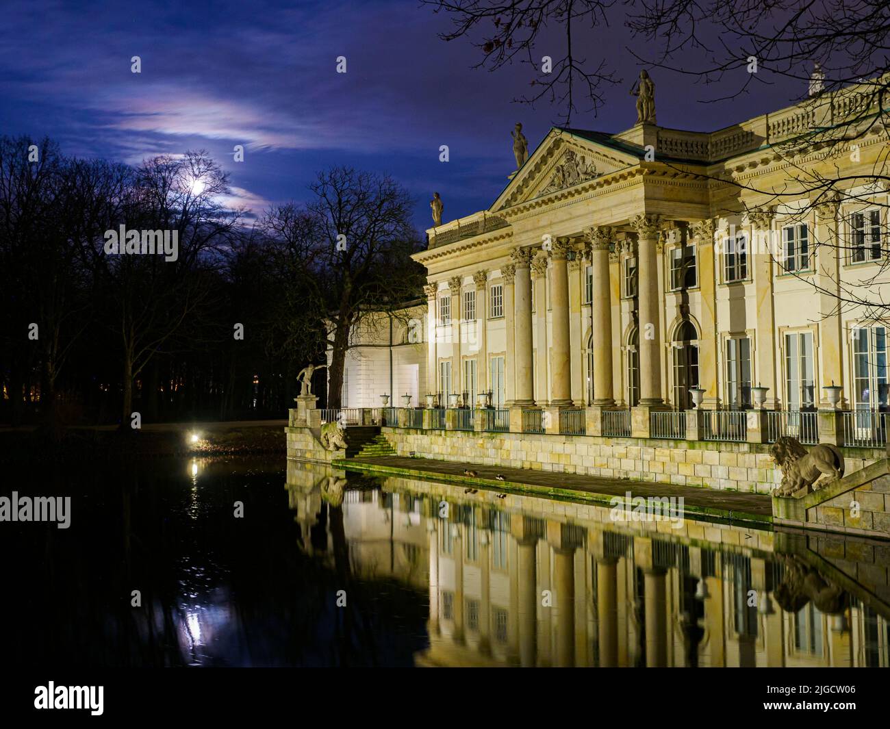 Warsaw, Poland - June 01, 2019: The northern façade of the Palace on the Isle in Royal Baths Park in night tiem. Baths Park, Lazienki Park. Stock Photo