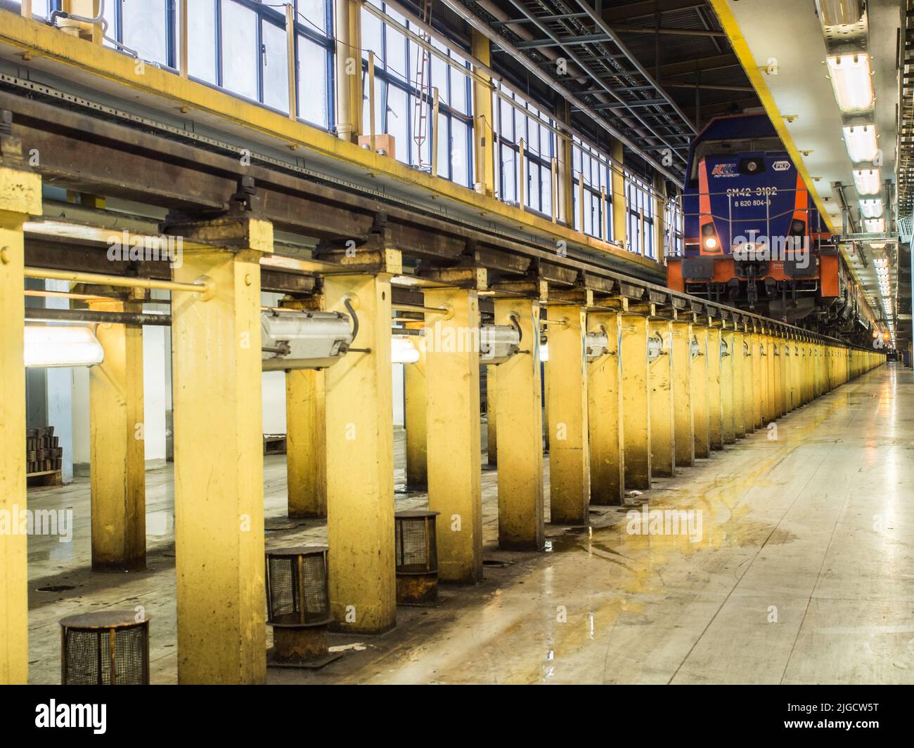 Warsaw, Poland - October 20, 2017: Train inside depot. Area for maintenance, repair and service of passenger trains and wagons Stock Photo