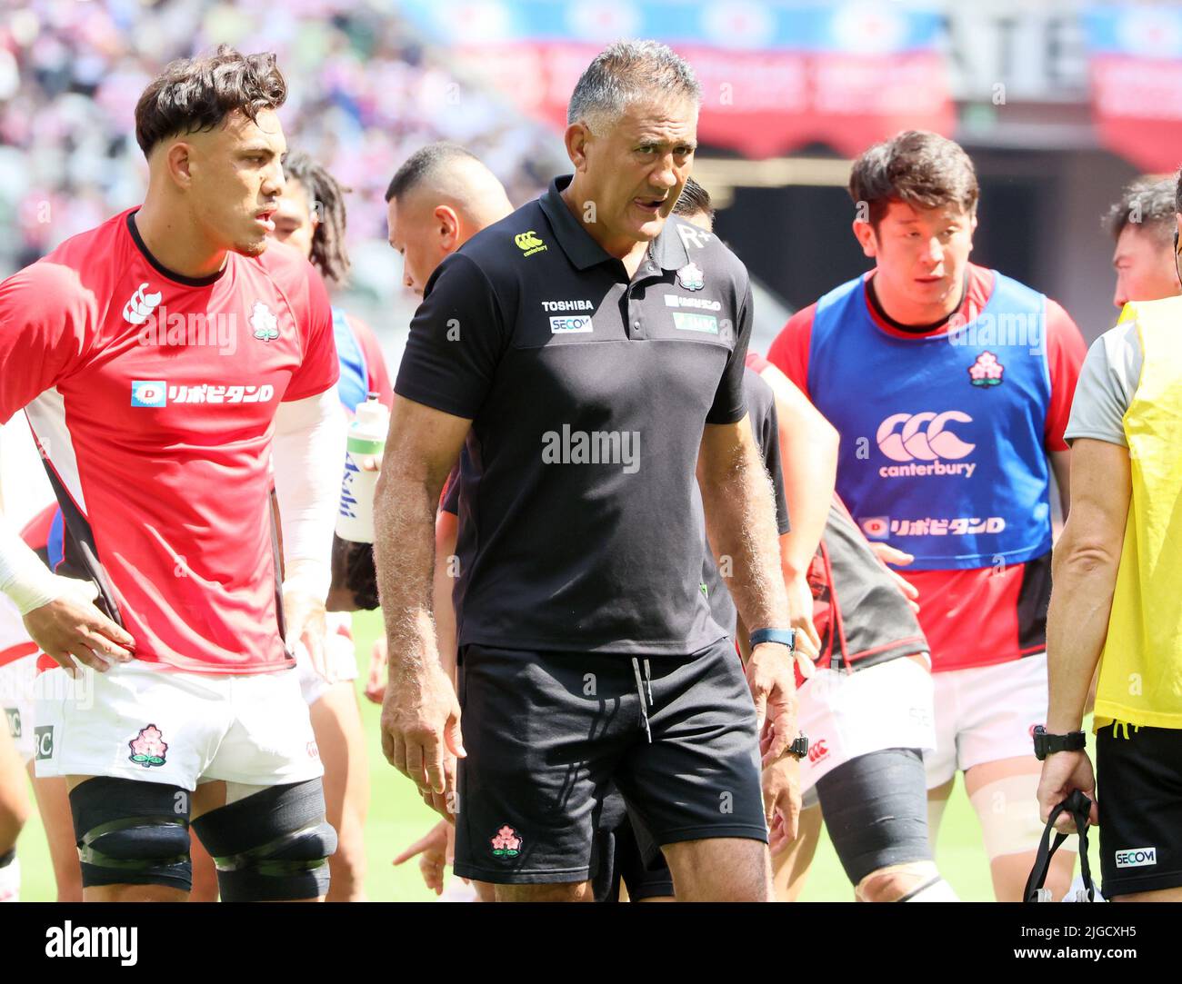 Tokyo, Japan. 9th July, 2022. Japan's head coach Jamie Joseph watches a warm up of players before starting an international rugby test match between Japan and France at the national stadium in Tokyo on Saturday, July 9, 2022. World's number 2 ranked France defeated Japan 20-15. Credit: Yoshio Tsunoda/AFLO/Alamy Live News Stock Photo