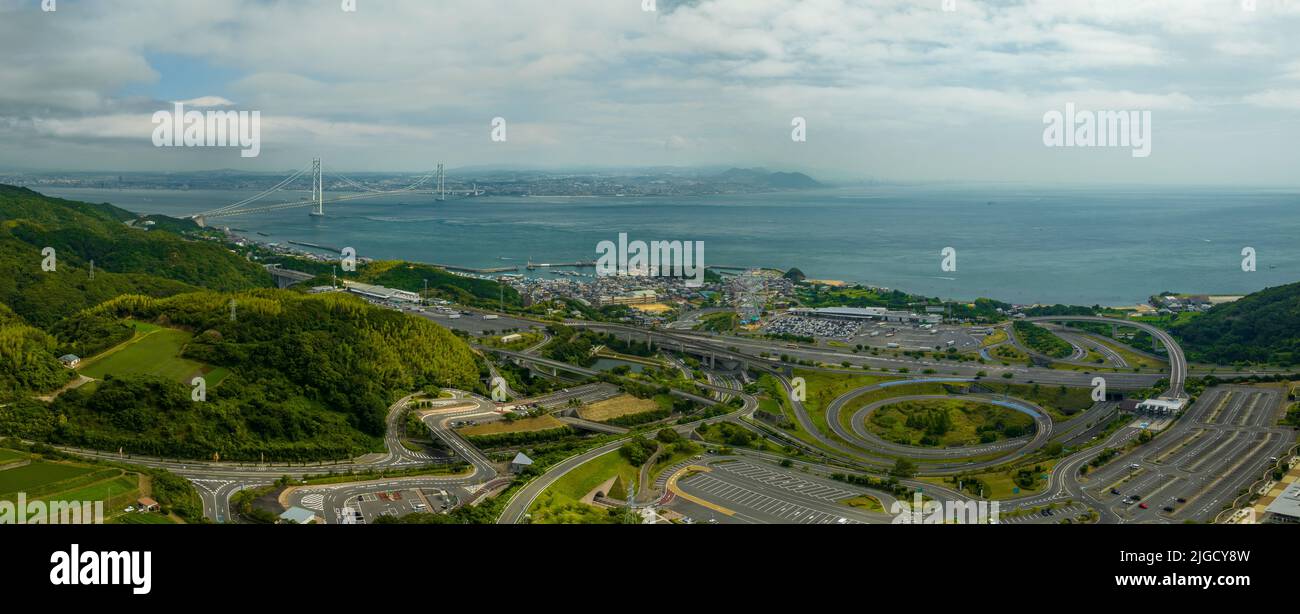 Panoramic aerial view of highway interchange and rest stop on Awaji Island Stock Photo