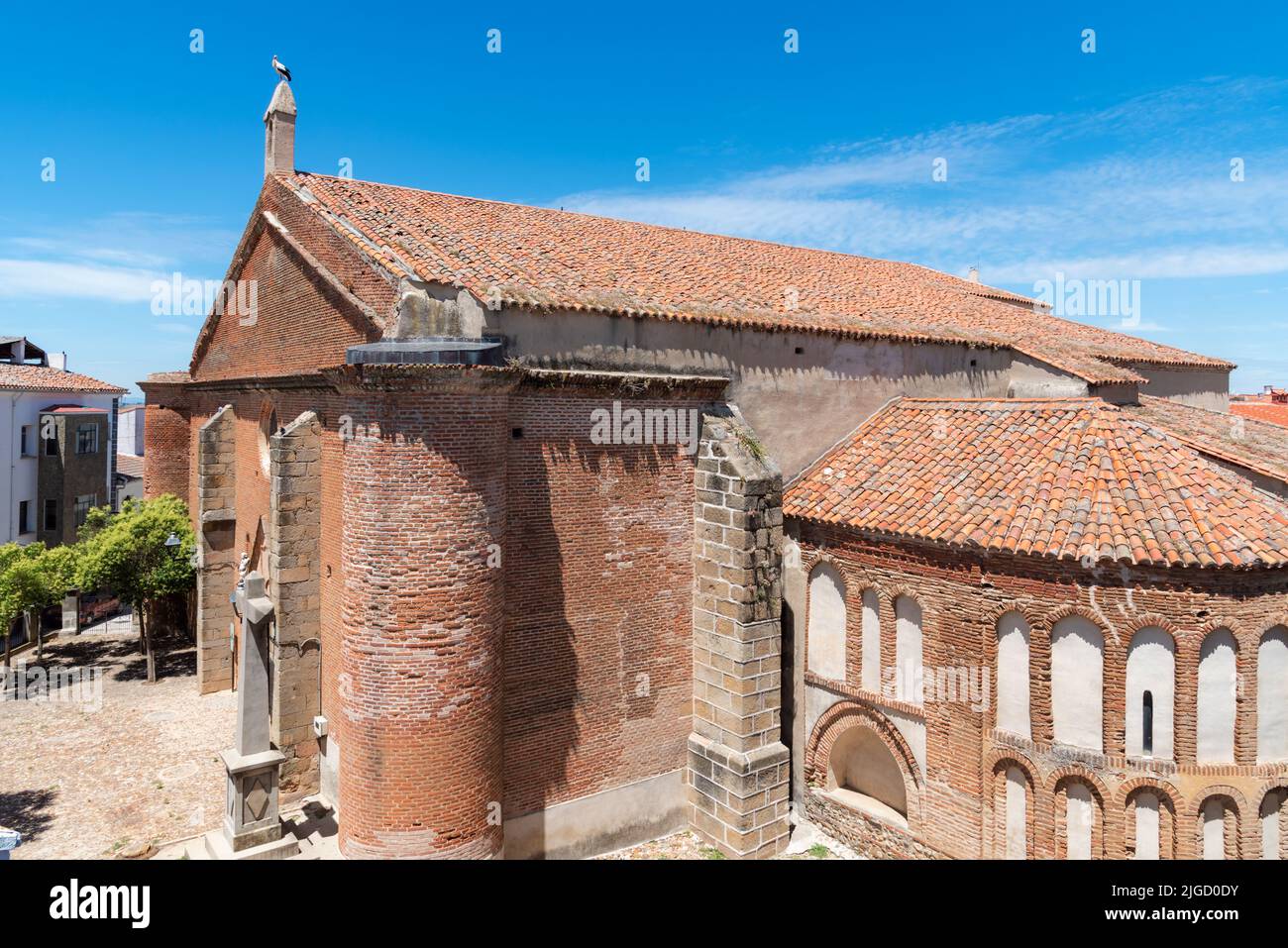 Church of Our Lady of the Assumption of Galisteo, with the semi-cylindrical apse in Mudejar style. Stock Photo