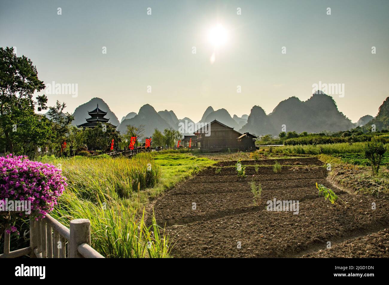 Cultivos en pequeña población en las afueras de Yanhgshuo, China. Stock Photo