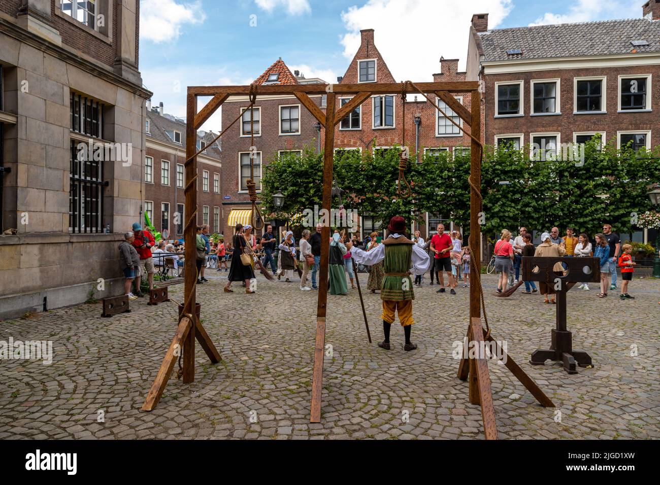 Rembrandt Reenactment festival- a scaffold at Gravensteen, a prison and execution site in former centuries, Leiden, South Holland, Netherlands. Stock Photo