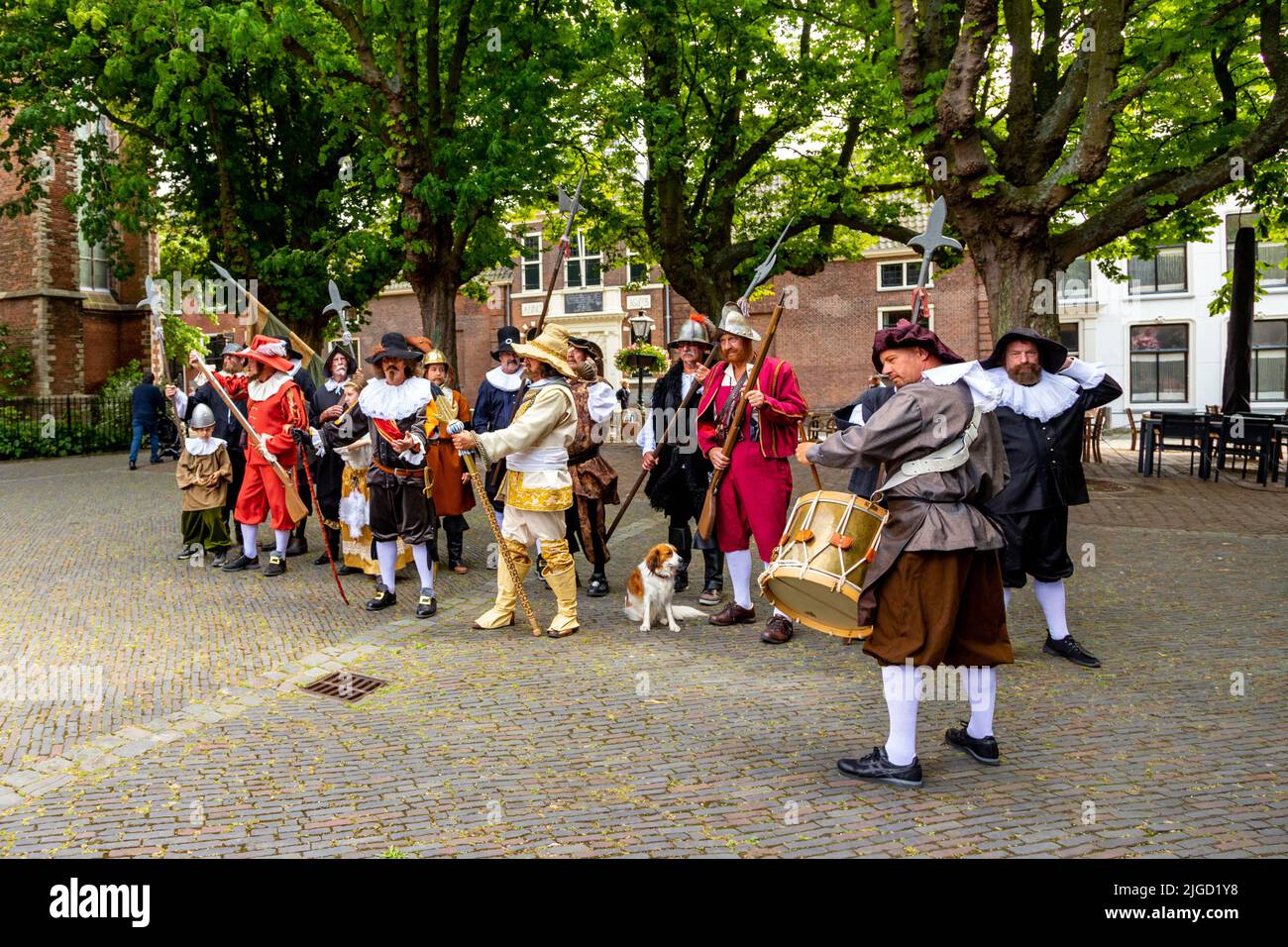 Reenactment festival of Rembrandt van Rijn- actors portraying the company of the famous Night Watch painting, Leiden, South Holland, Netherlands. Stock Photo