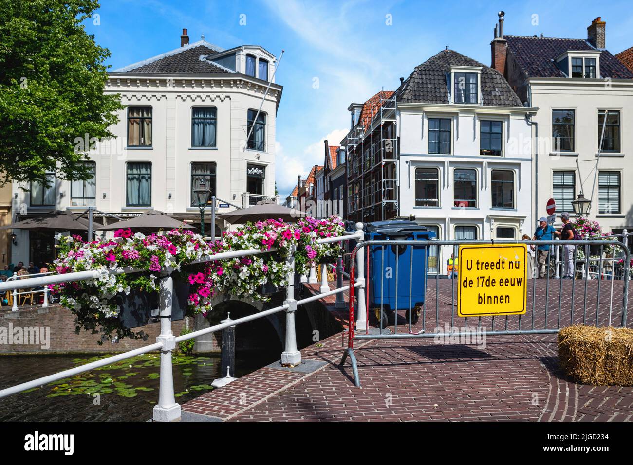 Rembrandt van Rijn festival in the historic center of Leiden, South Holland, Netherlands. Sign: You are now entering the 17th century. Stock Photo
