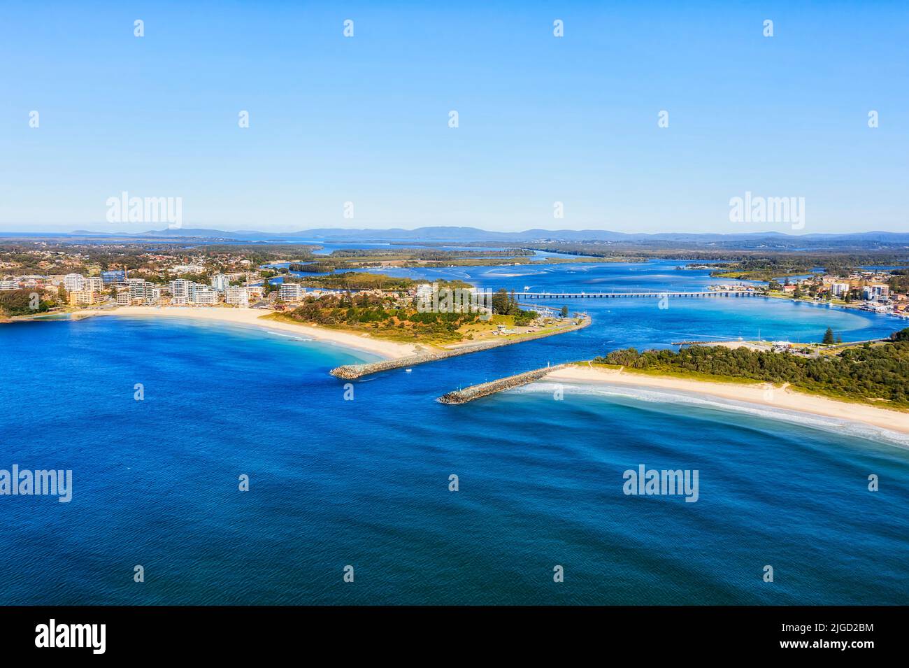 Aerial landscape view of the Entrance of Coolongolook river to Pacific ocean at Forster tuncurry towns in Australia. Stock Photo