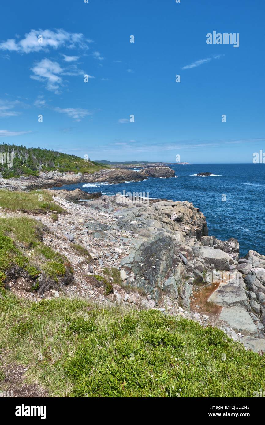 View from the Louisbourg Lighthouse Coastal Trail of the rugged coastline of Cape Breton. Stock Photo