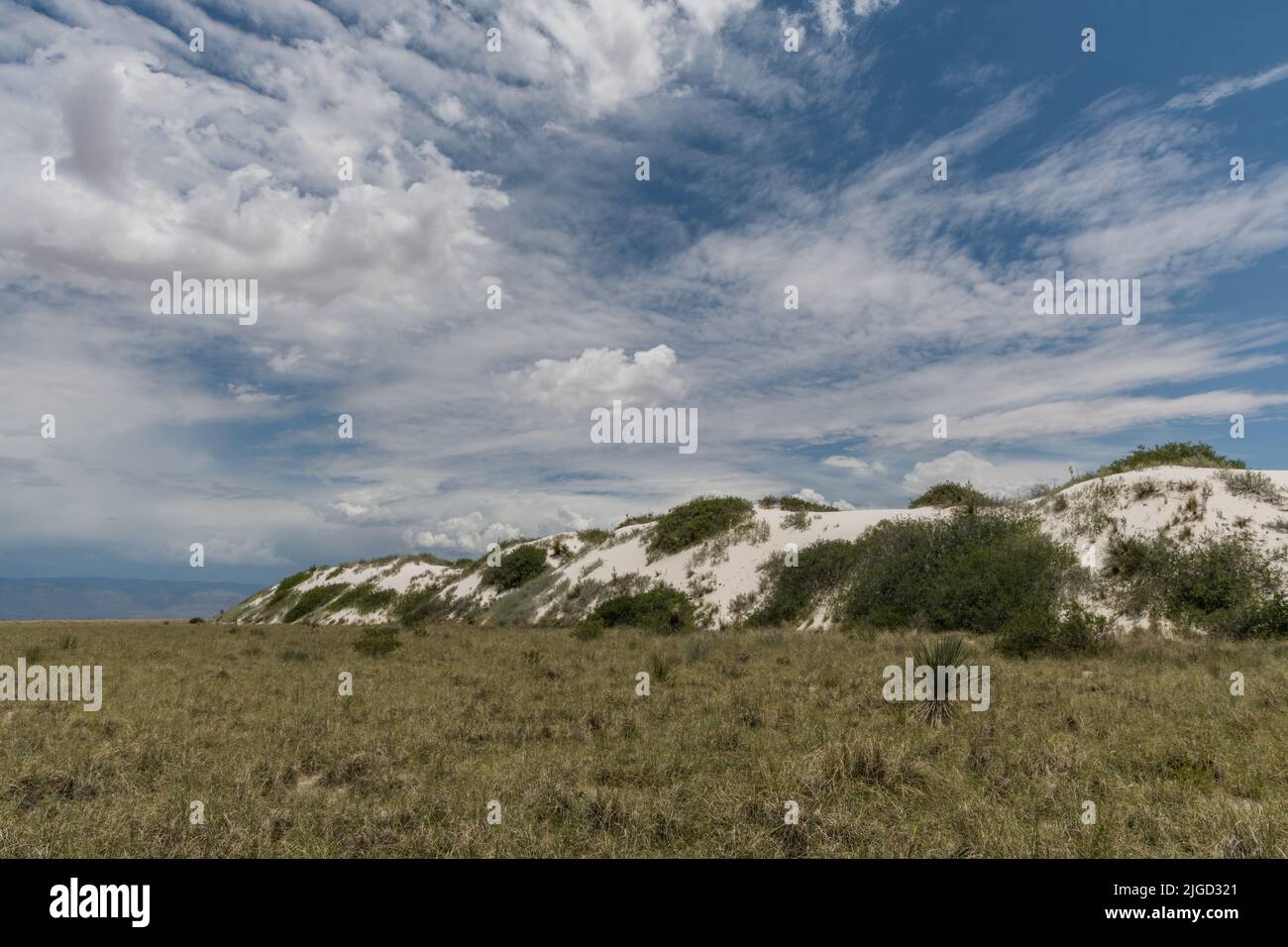 Beautiful gypsum dune vista at the White Sands National Park set against dramatic sky during the monsoon season, Southern New Mexico Stock Photo