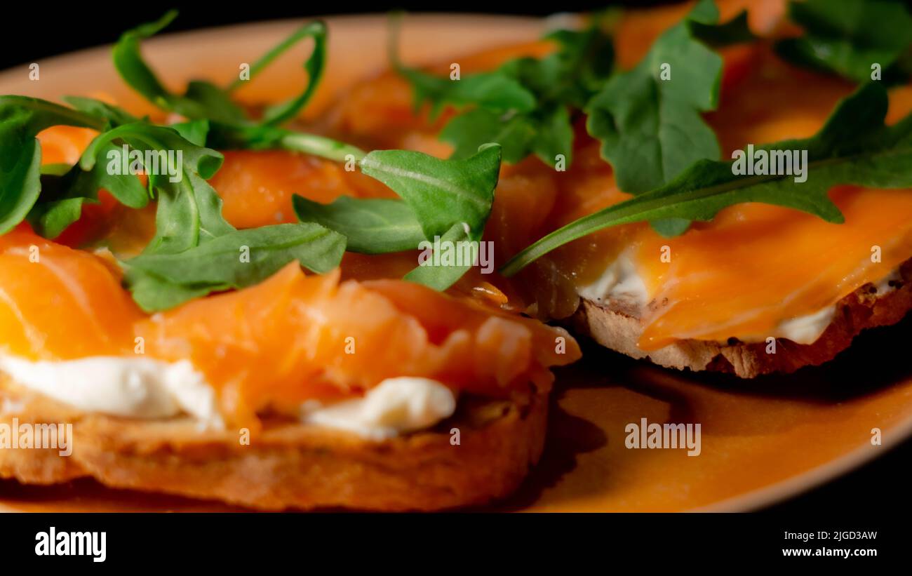 bread with salmon and cheese Stock Photo