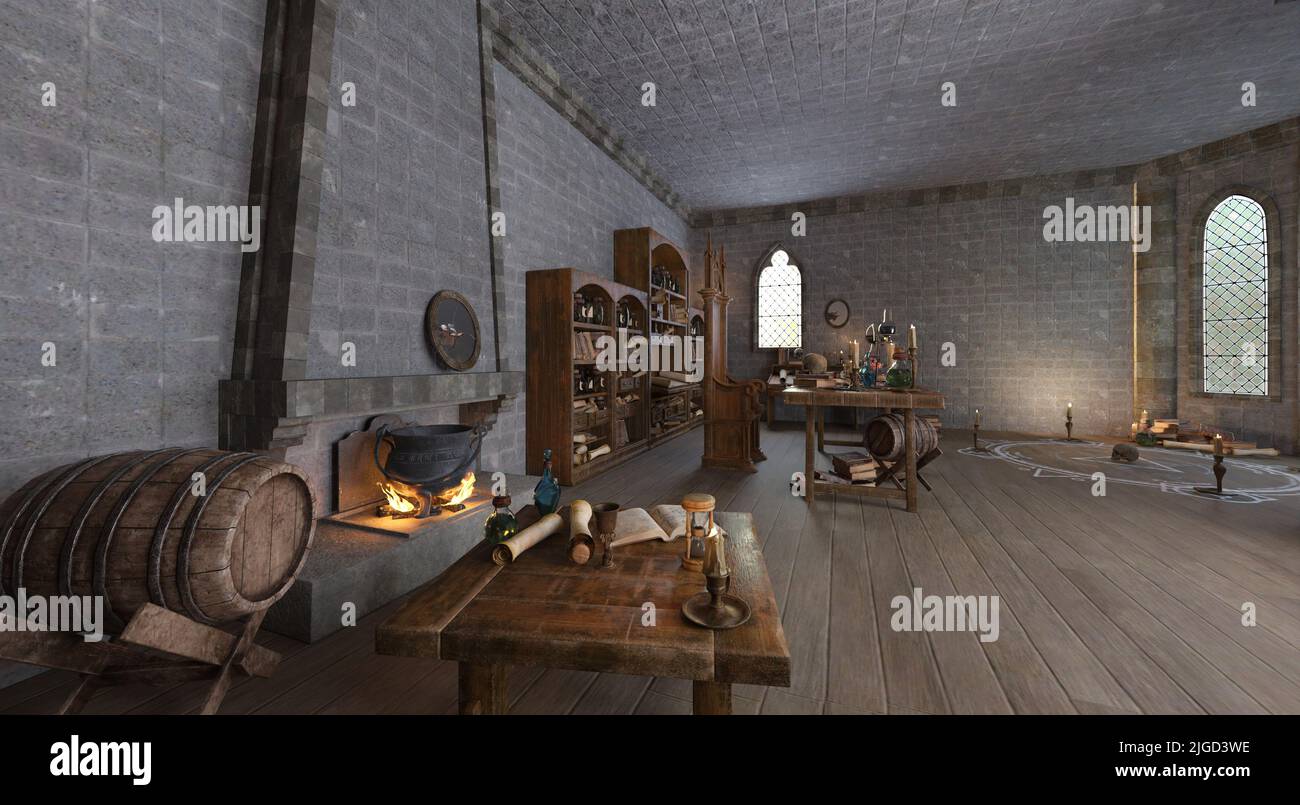 Fantasy alchemist's laboratory 3d illustration Stock Photo - Alamy