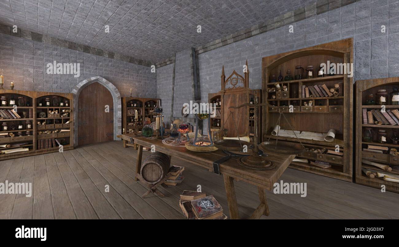 Fantasy alchemist's laboratory 3d illustration Stock Photo - Alamy