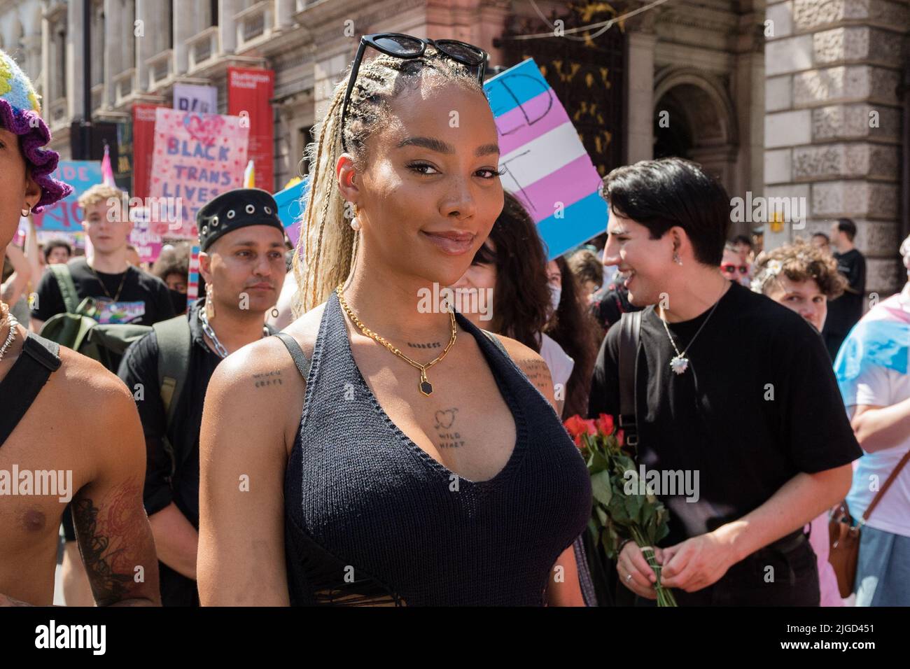 London, UK. 9th July, 2022. Transgender activist Munroe Bergdorf takes part in the fourth Trans Pride protest march for equality. Protesters demonstrate against the exclusion of trangender people from conversion therapy ban, call for abolition of the equalities watchdog Equalities and Human Rights Commission (EHRC) after a series of damaging interventions on trans rights, and show solidarity with Texan parents of trans children after the governor Greg Abbott compared gender-affirming healthcare to child abuse. Credit: Wiktor Szymanowicz/Alamy Live News Stock Photo