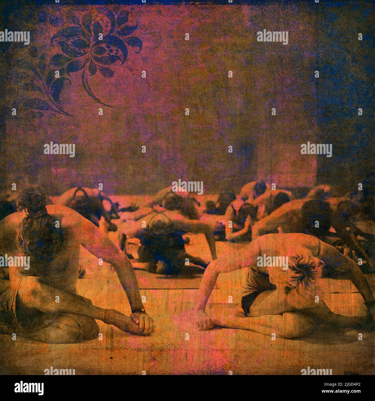 People in a seated yoga posture in a group class. Photo art with digital color staining and layered textures. Stock Photo