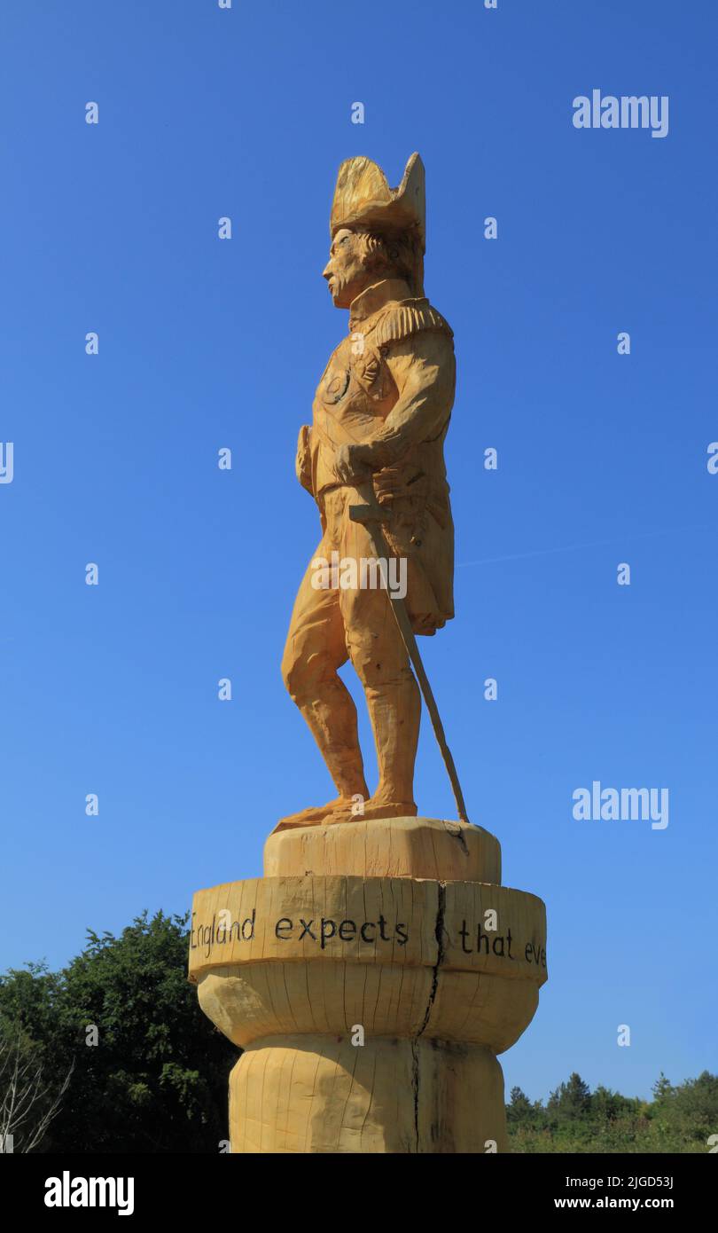 Admiral Lord Horatio Nelson, wood sculpture, carving, Burnham Thorpe,  by chainsaw artist Henry Hepworth-Smith, from Norwegian Maple tree trunk Stock Photo