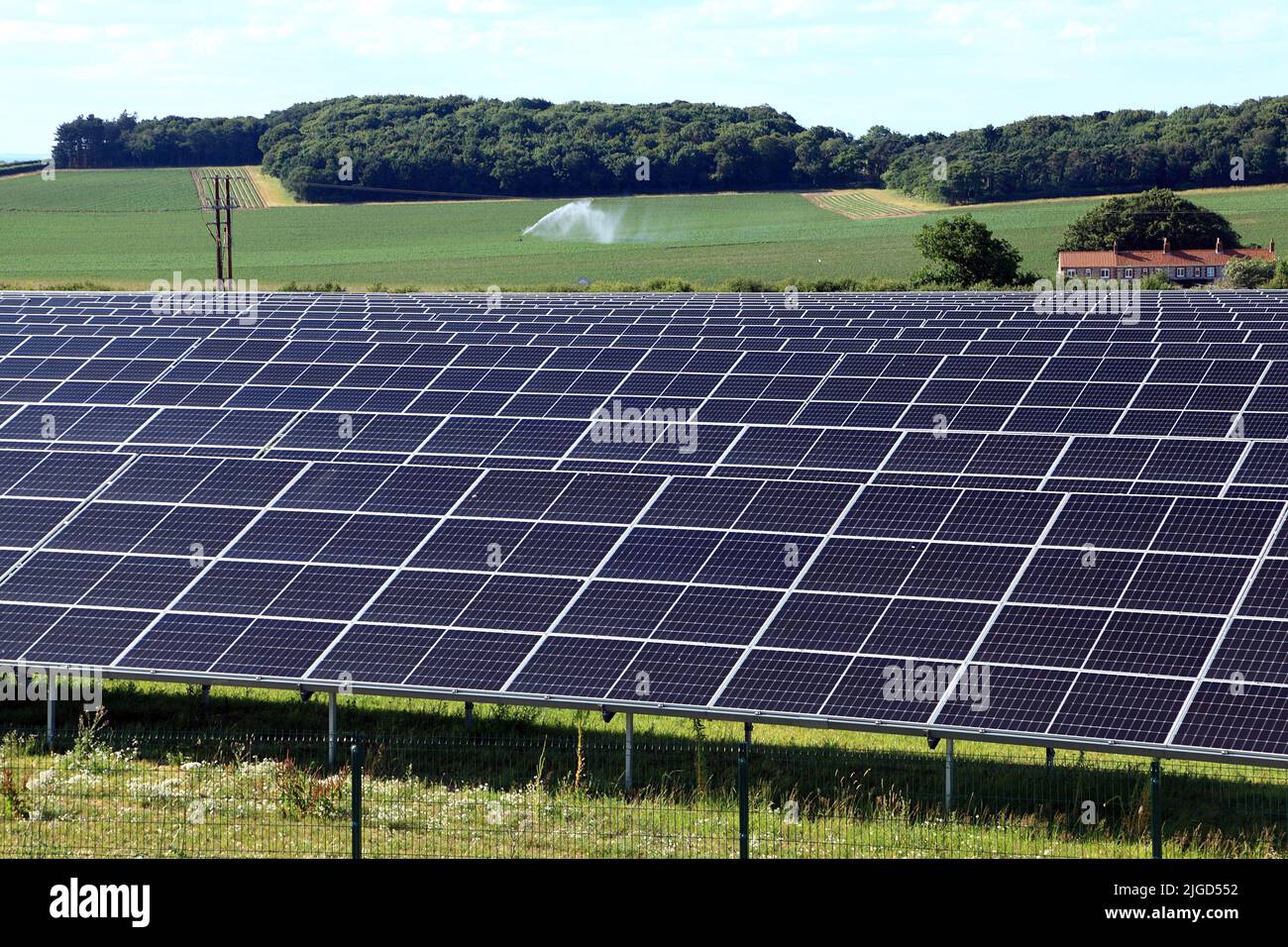 Solar Farm, panels, in rural landscape, Thornham, Norfolk Stock Photo