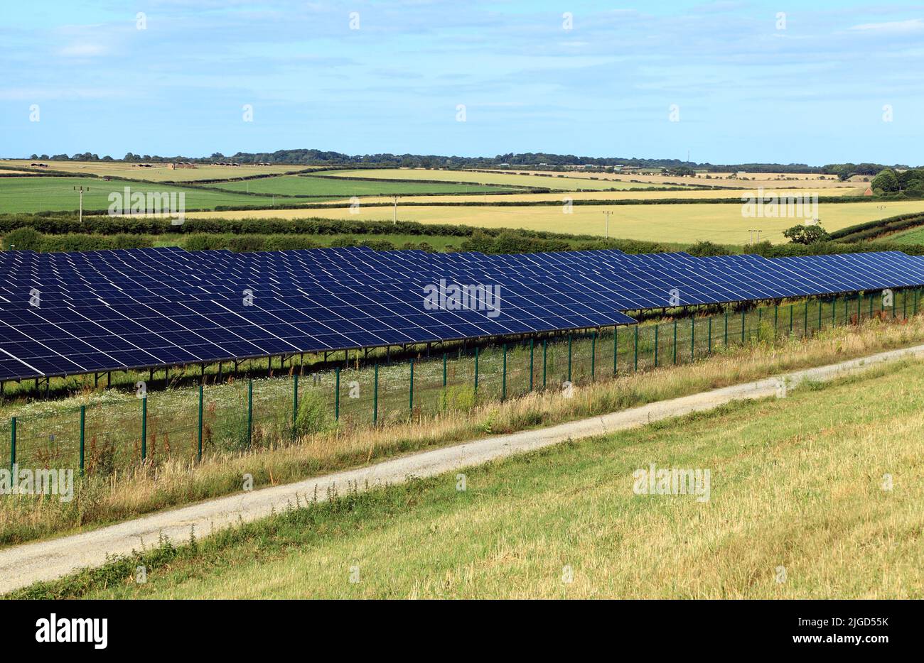 Solar Farm, panels, in rural landscape, green, energy, solar, panels,Thornham, Norfolk, England Stock Photo