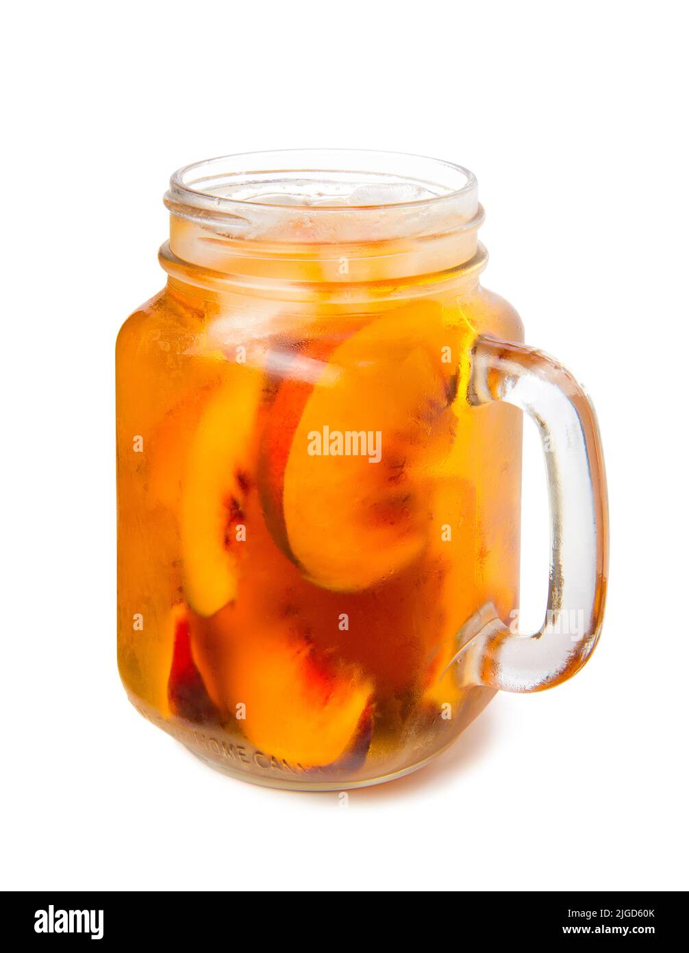 peach iced tea in a glass jar summer soft drink isolated on white