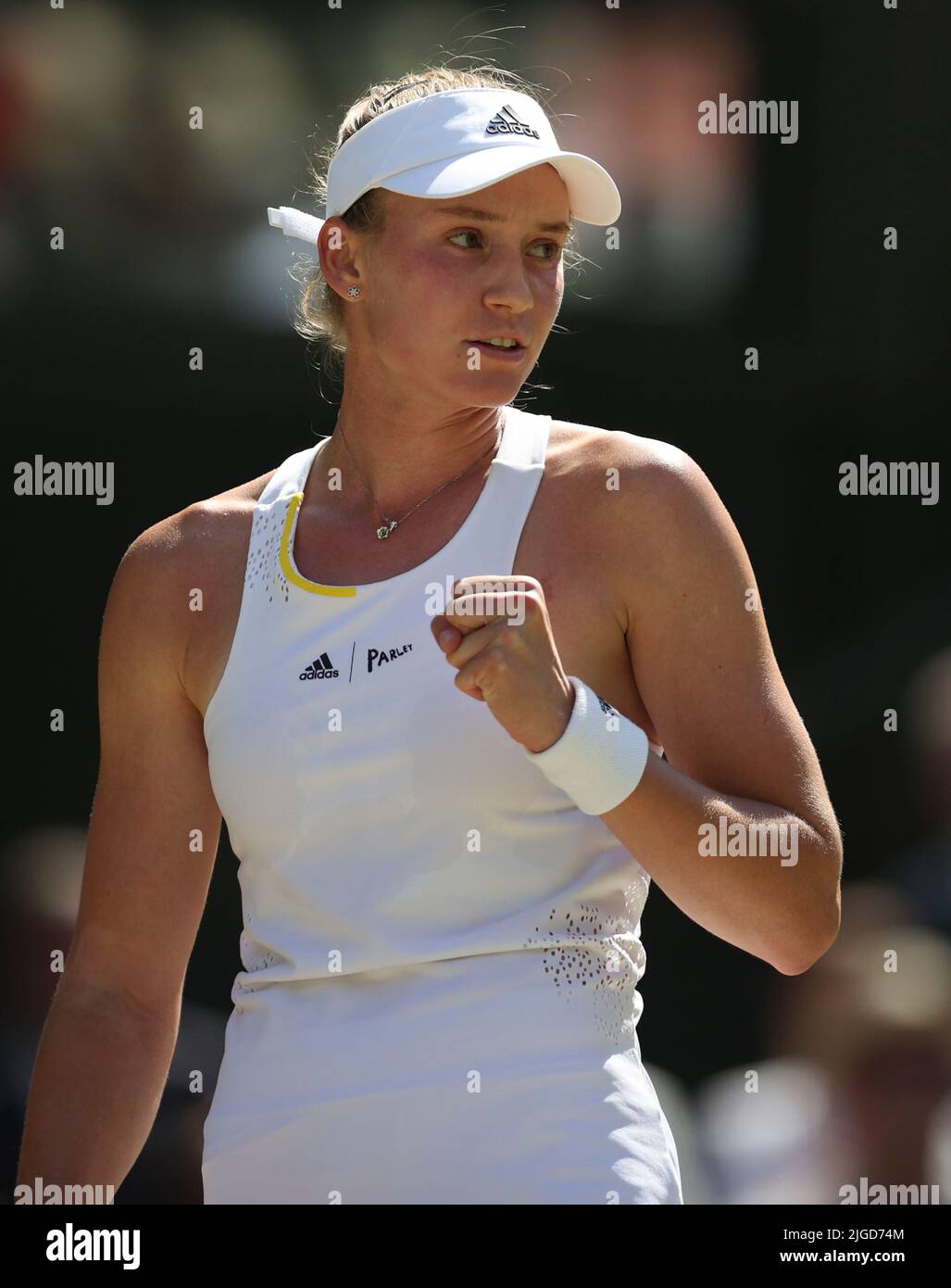 London, Britain. 9th July, 2022. Elena Rybakina of Kazakhstan reacts during  the women's singles final match against Ons Jabeur of Tunisia at Wimbledon  Tennis Championship in London, Britain, on July 9, 2022.