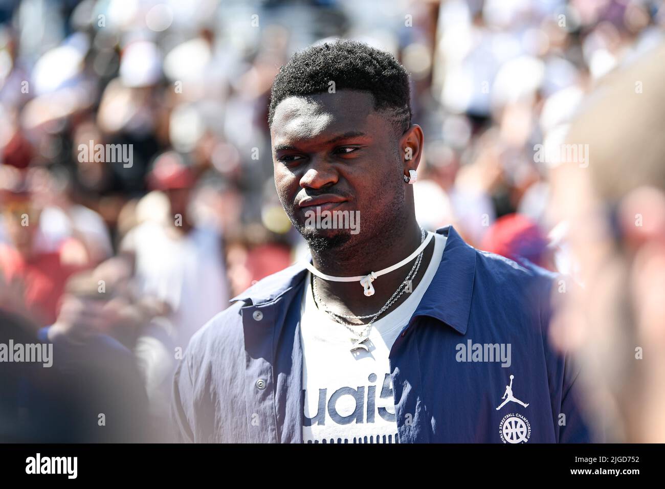 Paris, France. 09th July, 2022. US basketball player Zion Williamson of the New Orleans Pelicans attends the Quai 54 basketball tournament (The World Streetball Championship) in Paris, France on July 9, 2022. Credit: Victor Joly/Alamy Live News Stock Photo