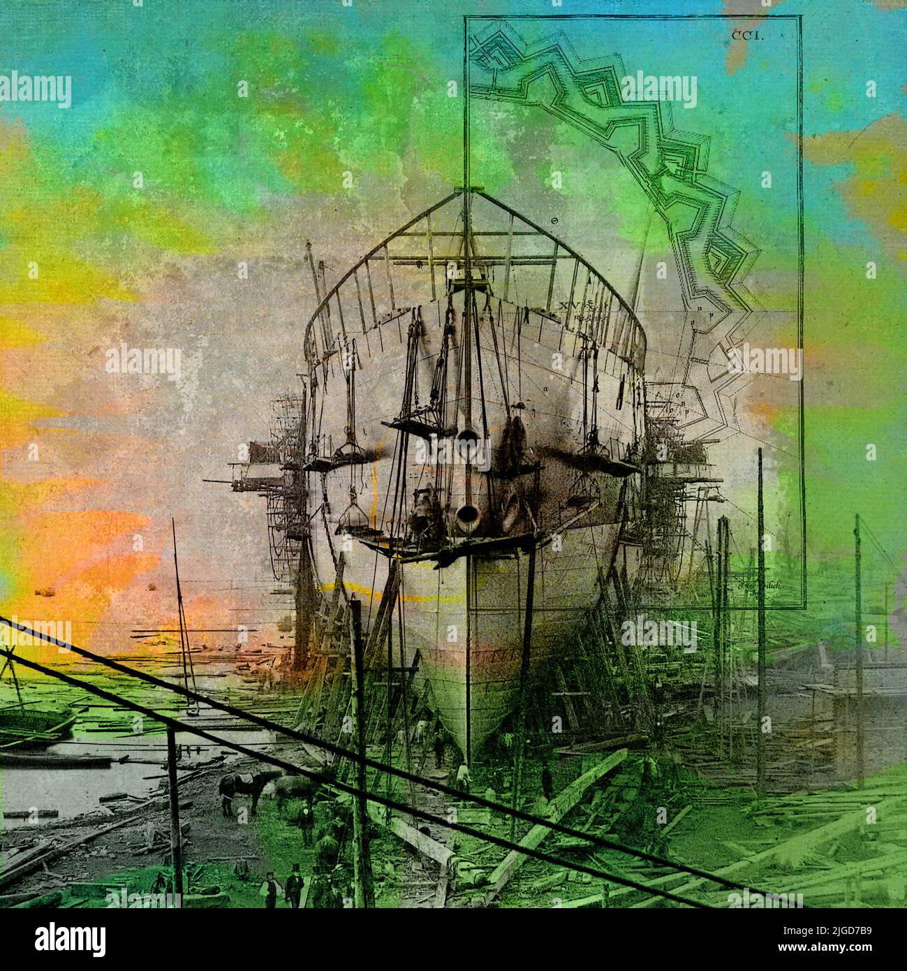Modern mixed media art collage with an archival photograph of ship building and decorative overlays and color stains. Stock Photo